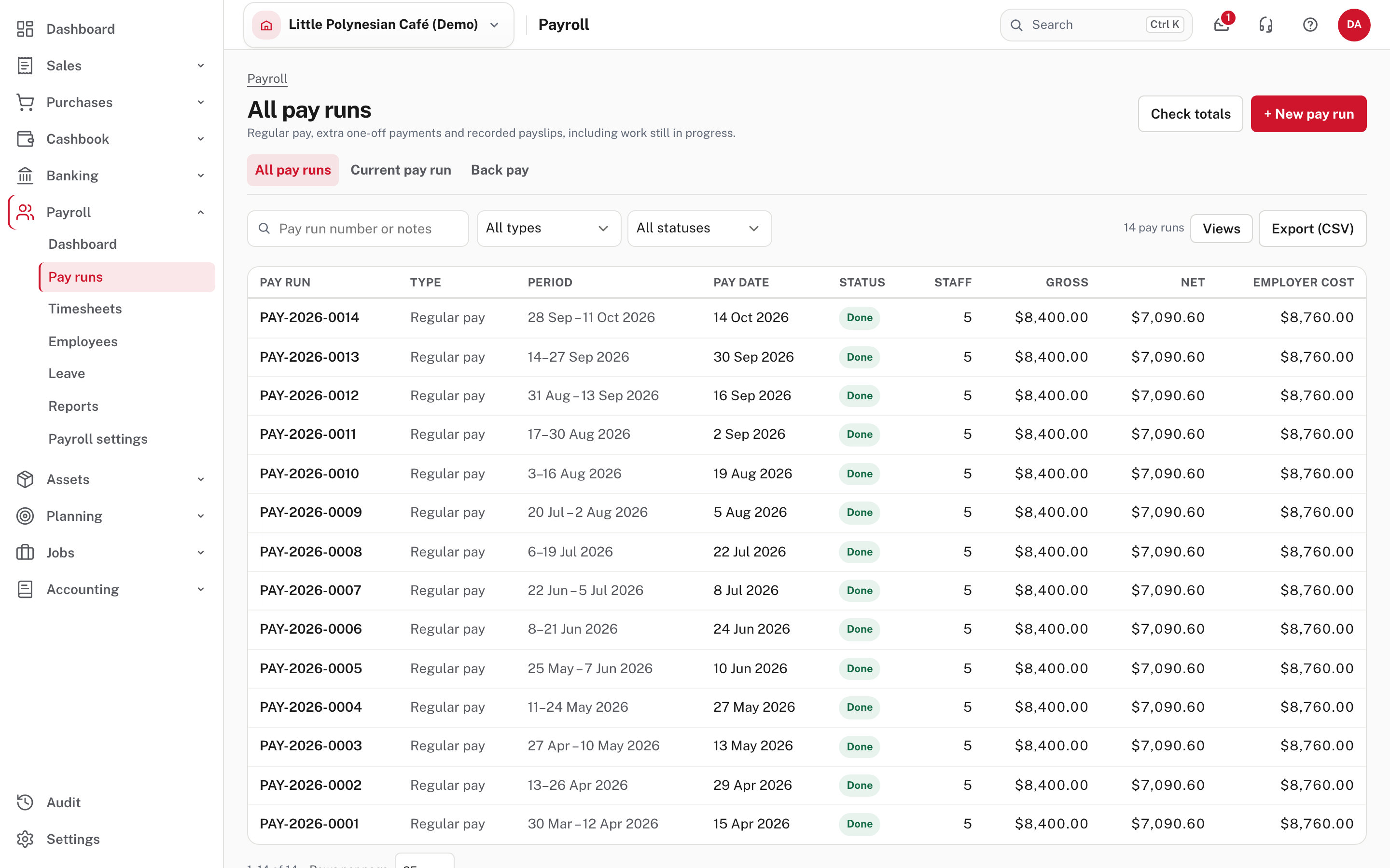 All pay runs: every finished run, with its totals
