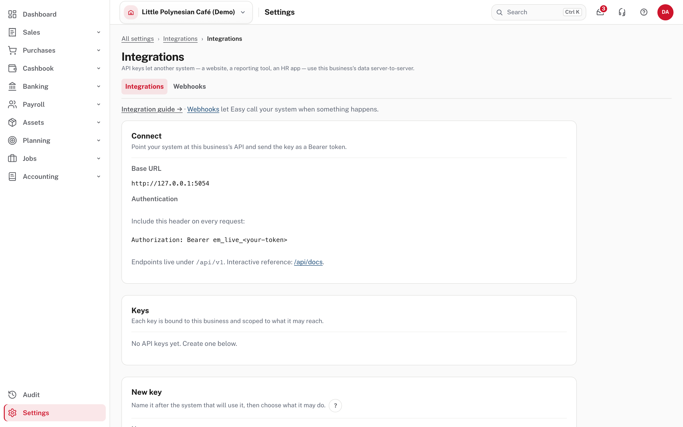 Integrations: the base URL, how to send the key, and where the reference is