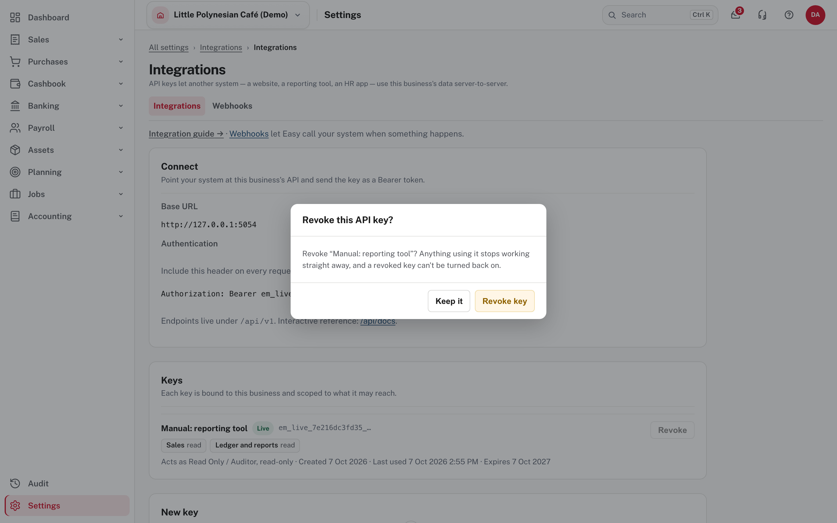 Revoke this API key? Anything using it stops working straight away