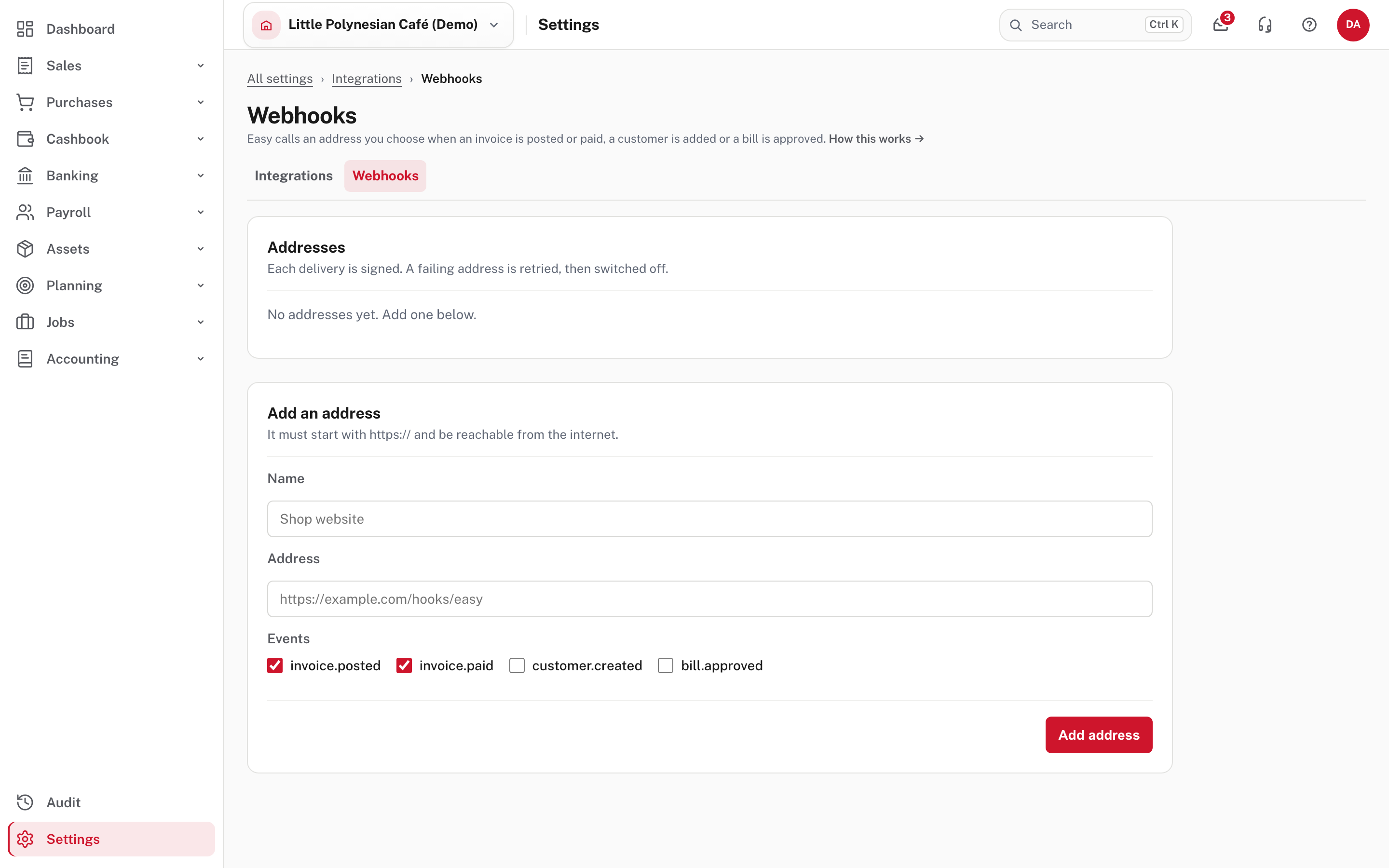 Webhooks: no addresses yet, and the form to add one