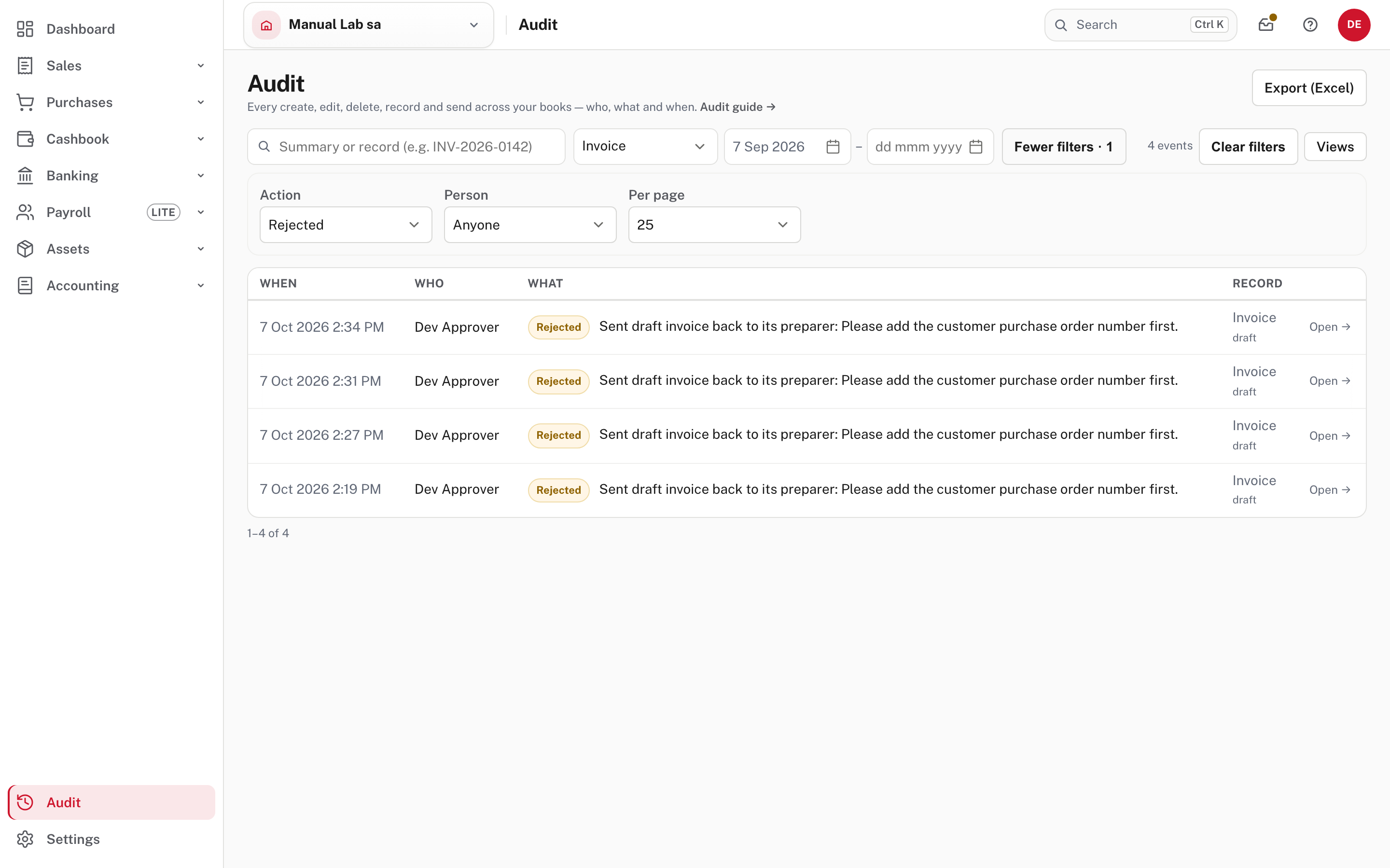 Record type Invoice and Action Rejected: every invoice an approver sent back, with the reason