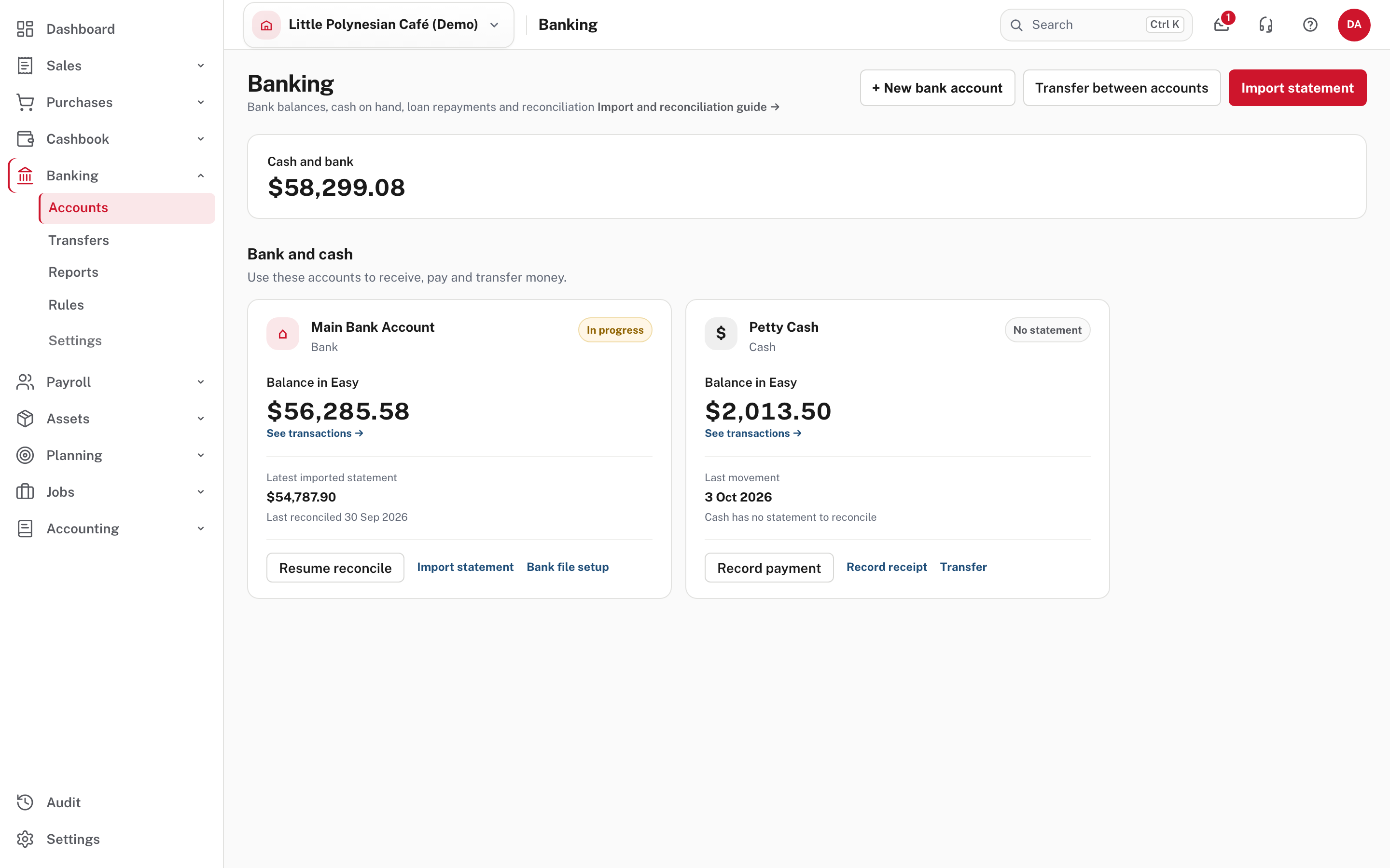 Banking: each account, its balance in Easy, the latest imported statement and what to do next