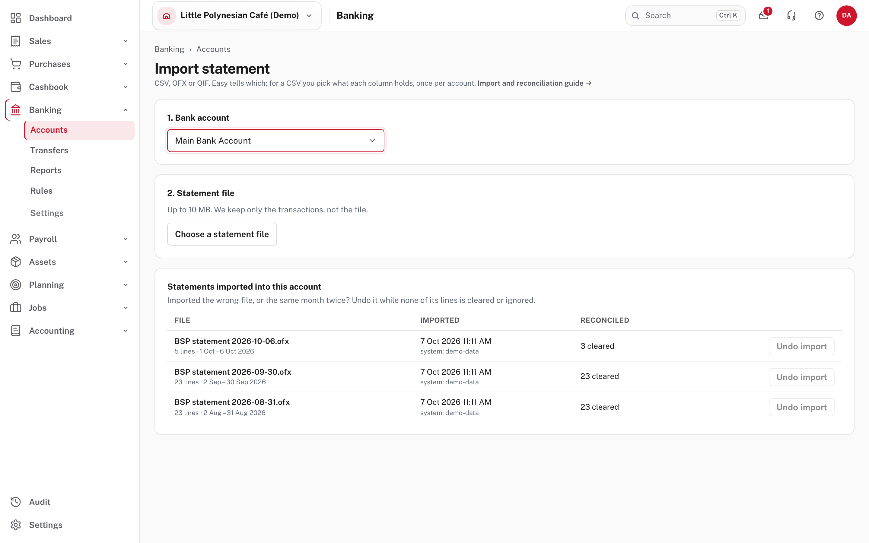 The account is chosen, and the statements already imported are listed