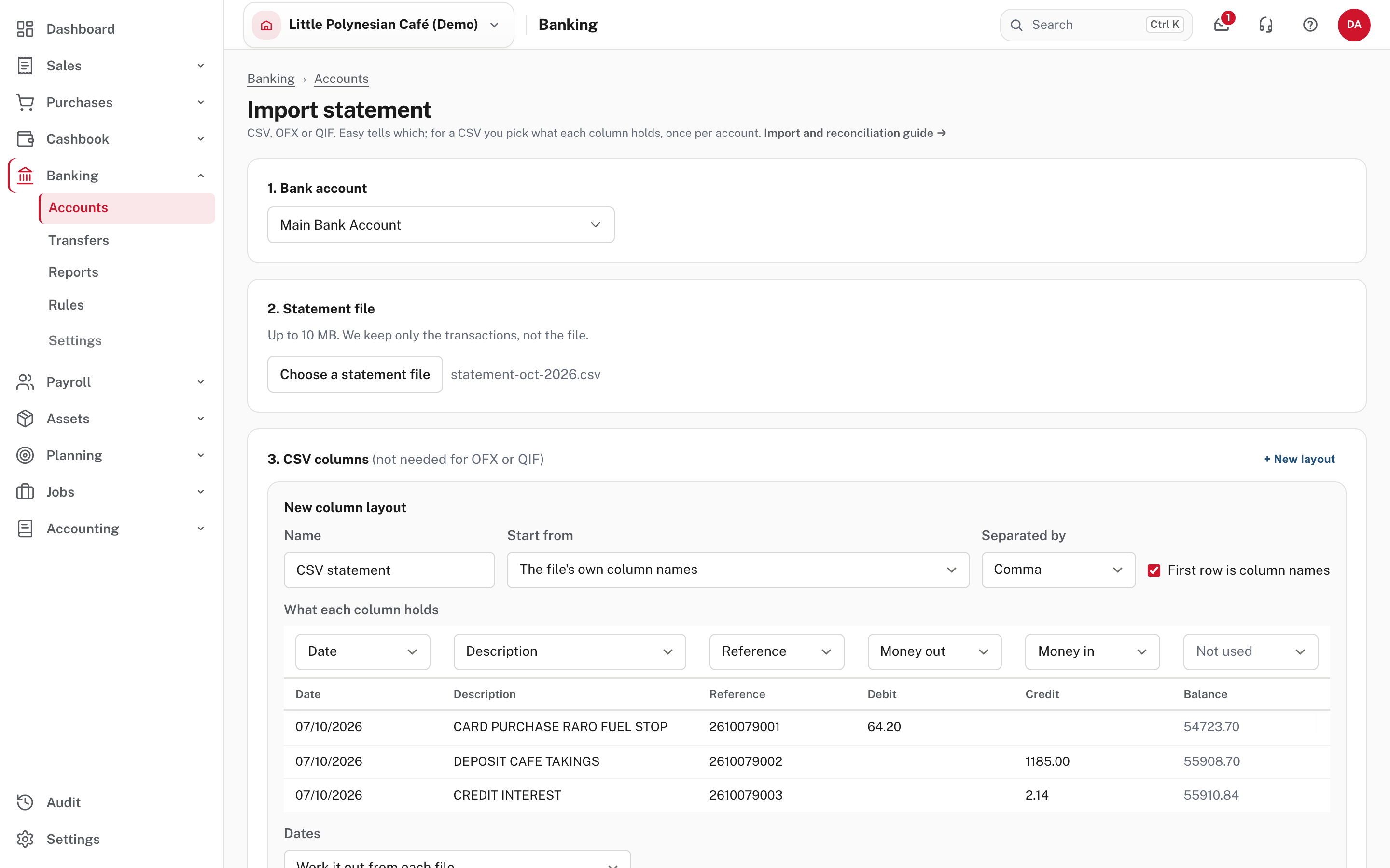Setting up the columns of a CSV: what each column holds, the separator and the date format