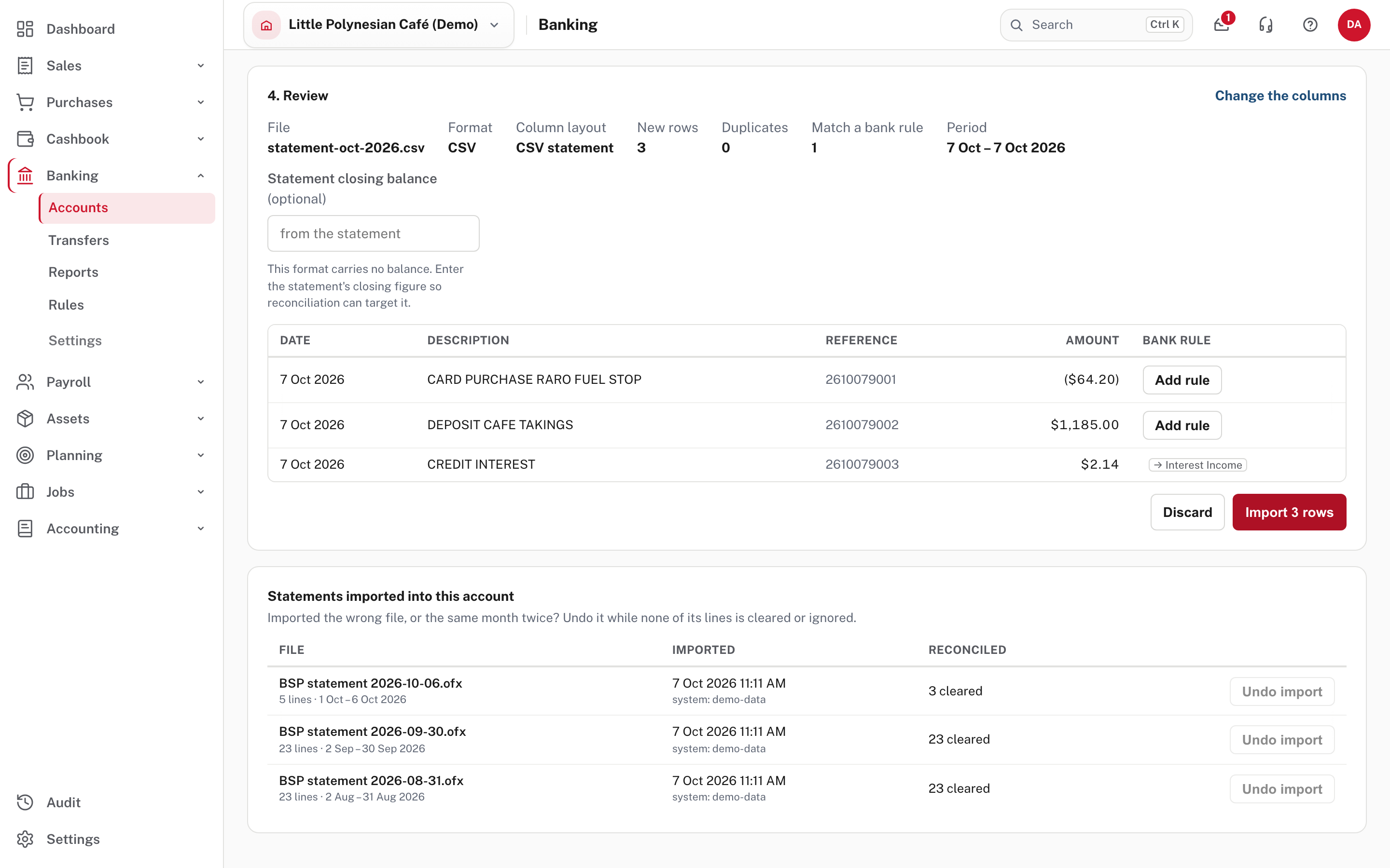 The review: new rows, duplicates, rows a bank rule will code, and the period