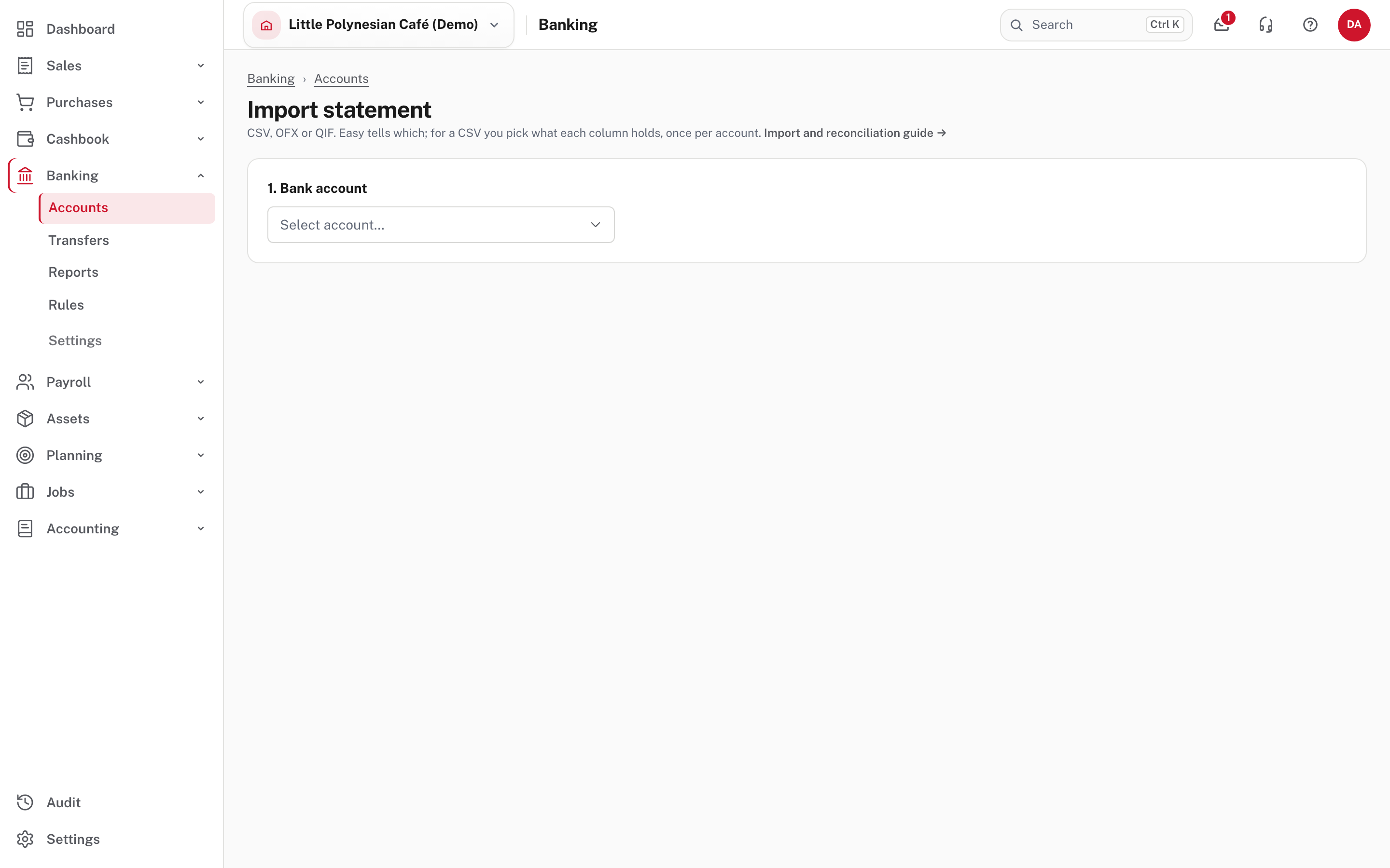 Import statement: pick the account, then the file; earlier imports are listed below
