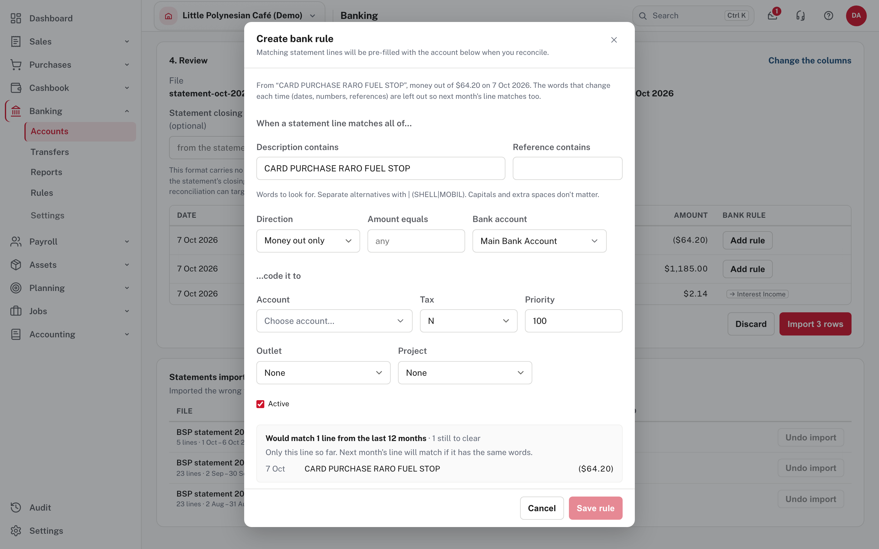 The Create bank rule form: the words to look for, direction, and the account to code it to