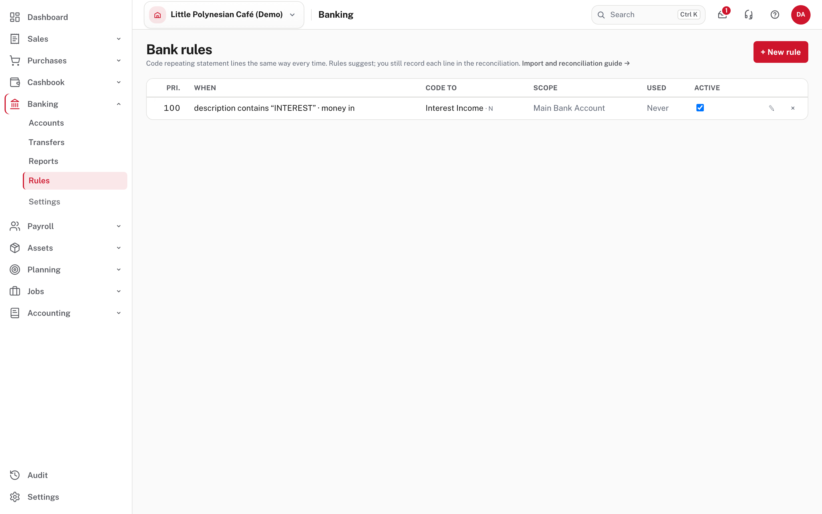 Bank rules: when a line matches, what it is coded to, and how often the rule has been used