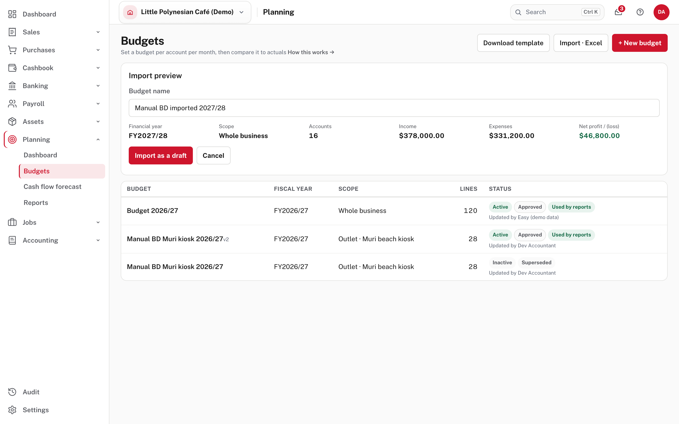 Import preview: the name, year, scope, number of accounts and the income, expense and net totals, before anything is saved