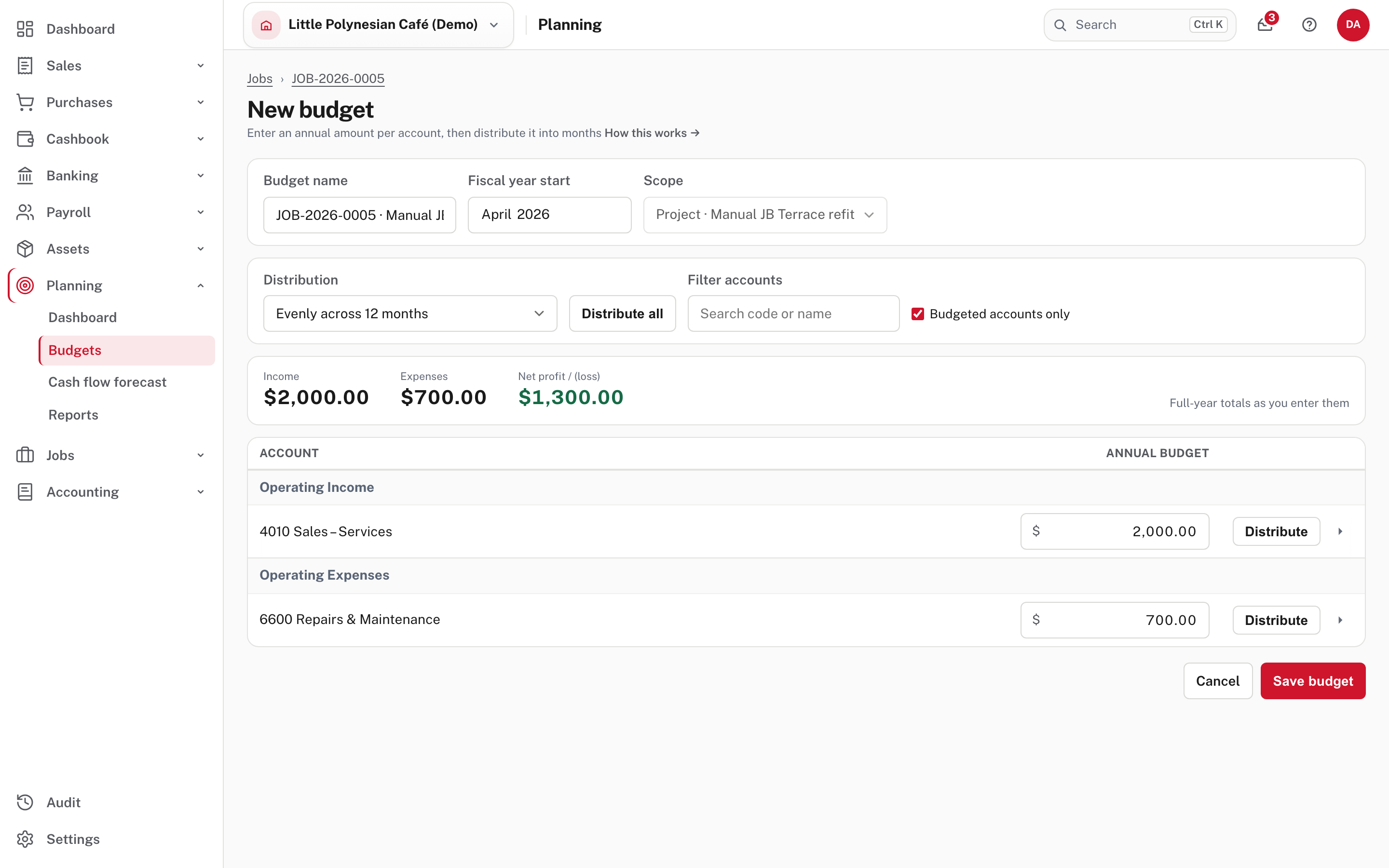 A job's budget: the scope is the job, the name is filled in, and only the accounts that have an amount are shown
