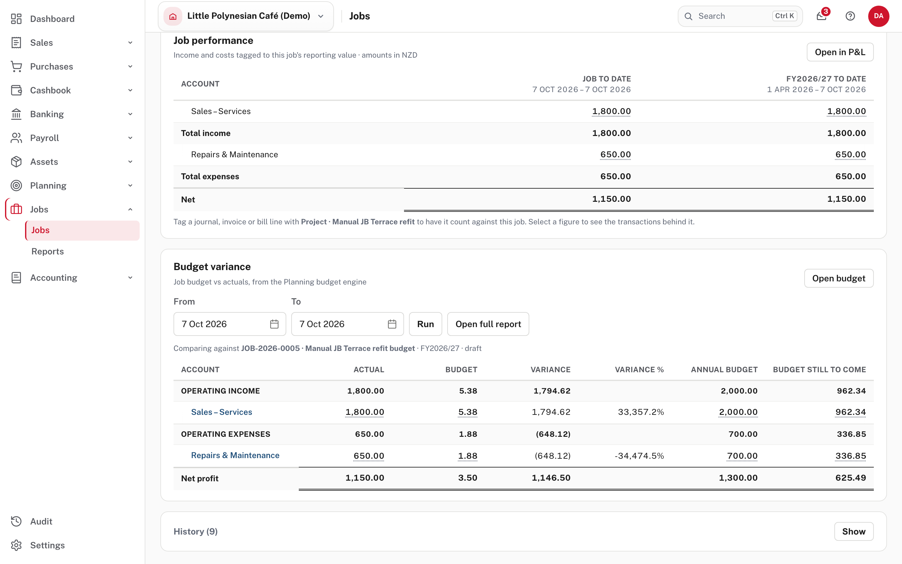 The job page after saving: its income and costs, then Budget variance comparing them with the budget