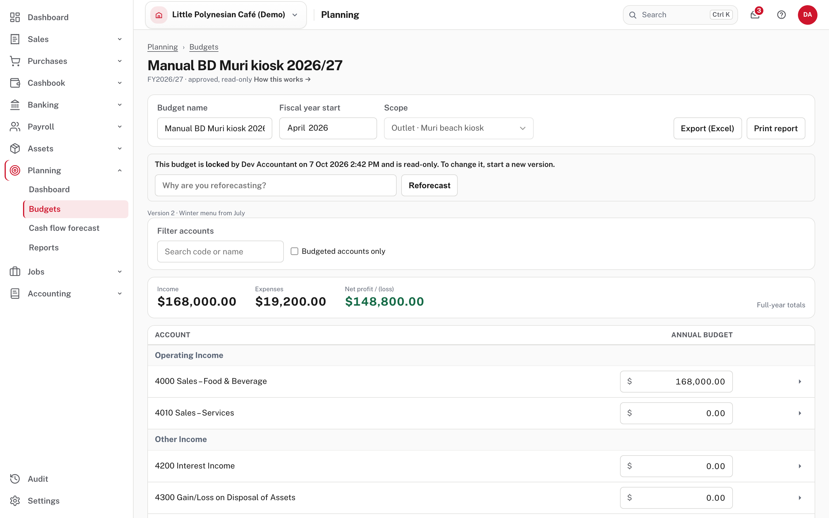 A locked budget (here version 2, locked after the reforecast in step 4): who locked it and when, that it is read-only, and the box to start a new version