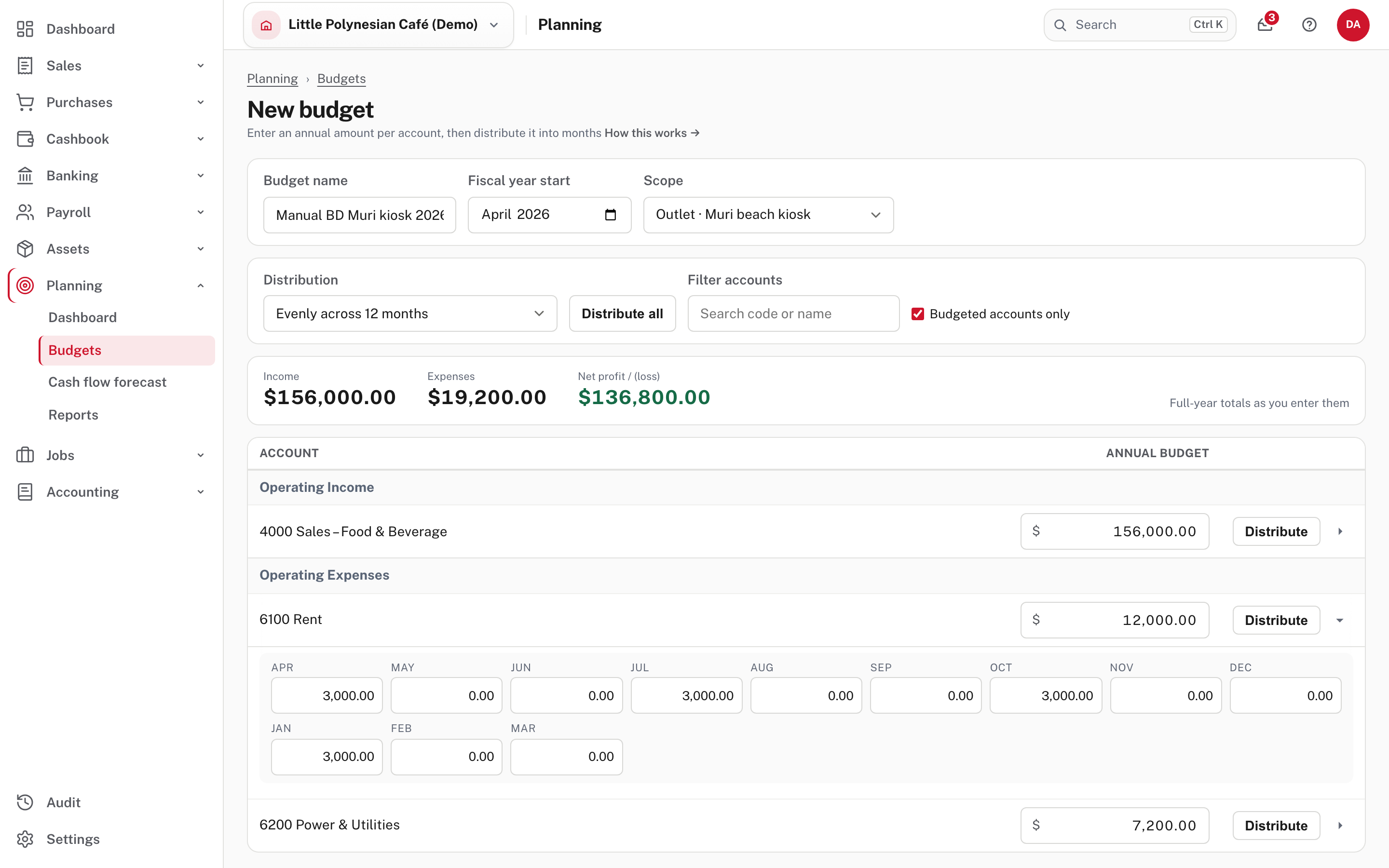 A new budget: name, year and scope, then an annual amount for each account and the totals above them