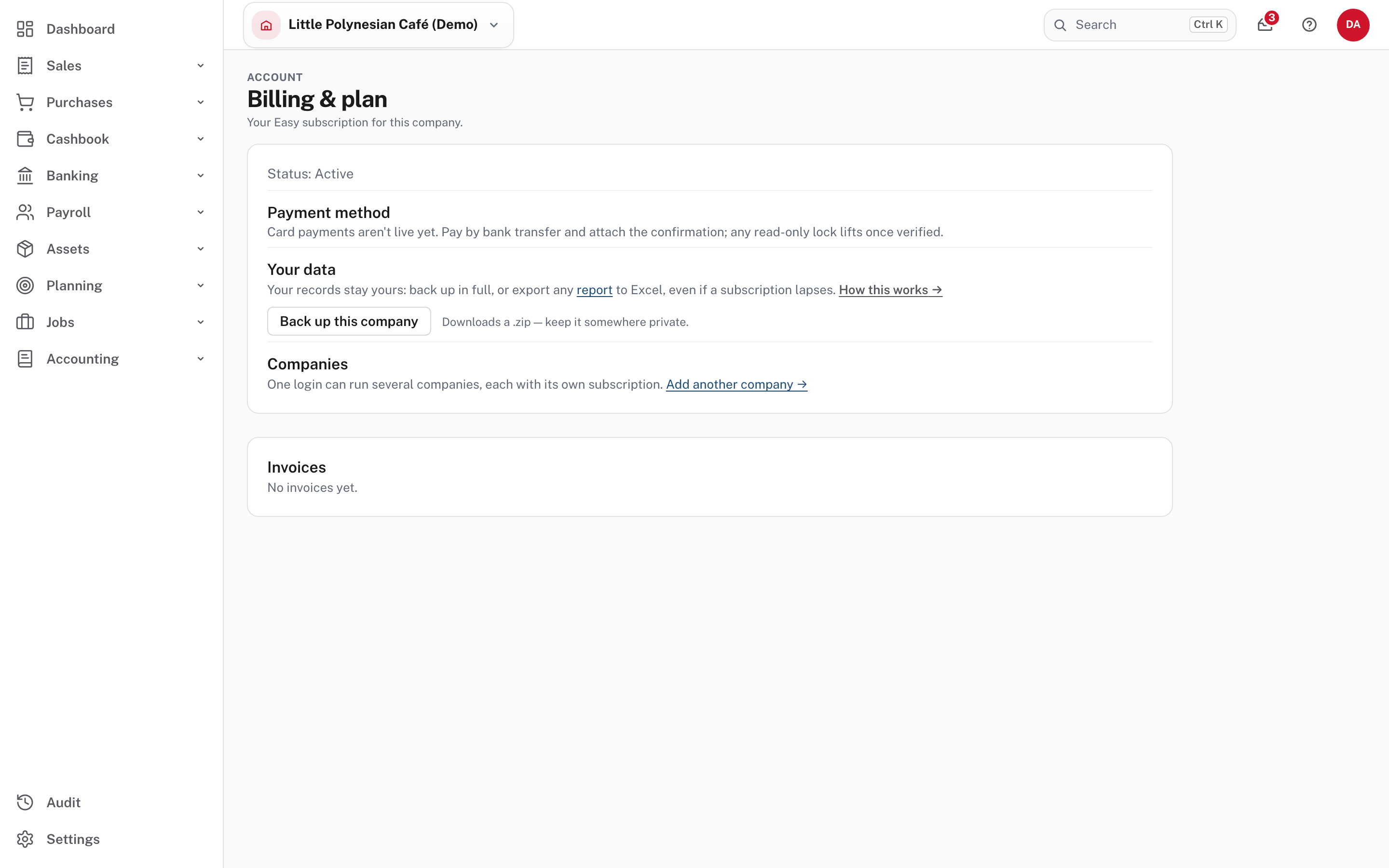 The demo's Billing & plan page, opened as an Accountant: no subscription attached, so only a status, but Back up this company is there