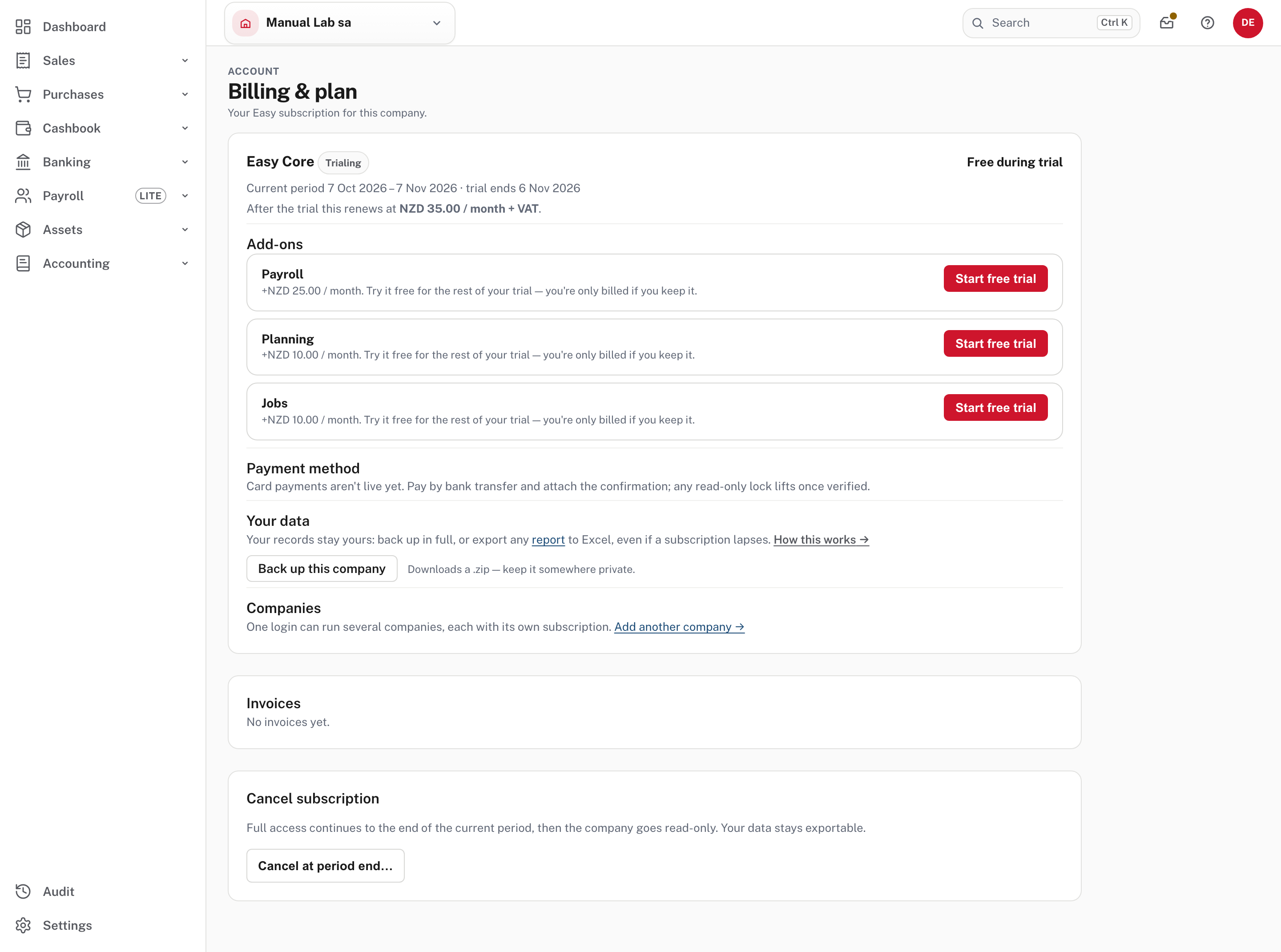 Billing & plan on a free trial: plan, price, add-ons, payment method, your data, invoices and cancel