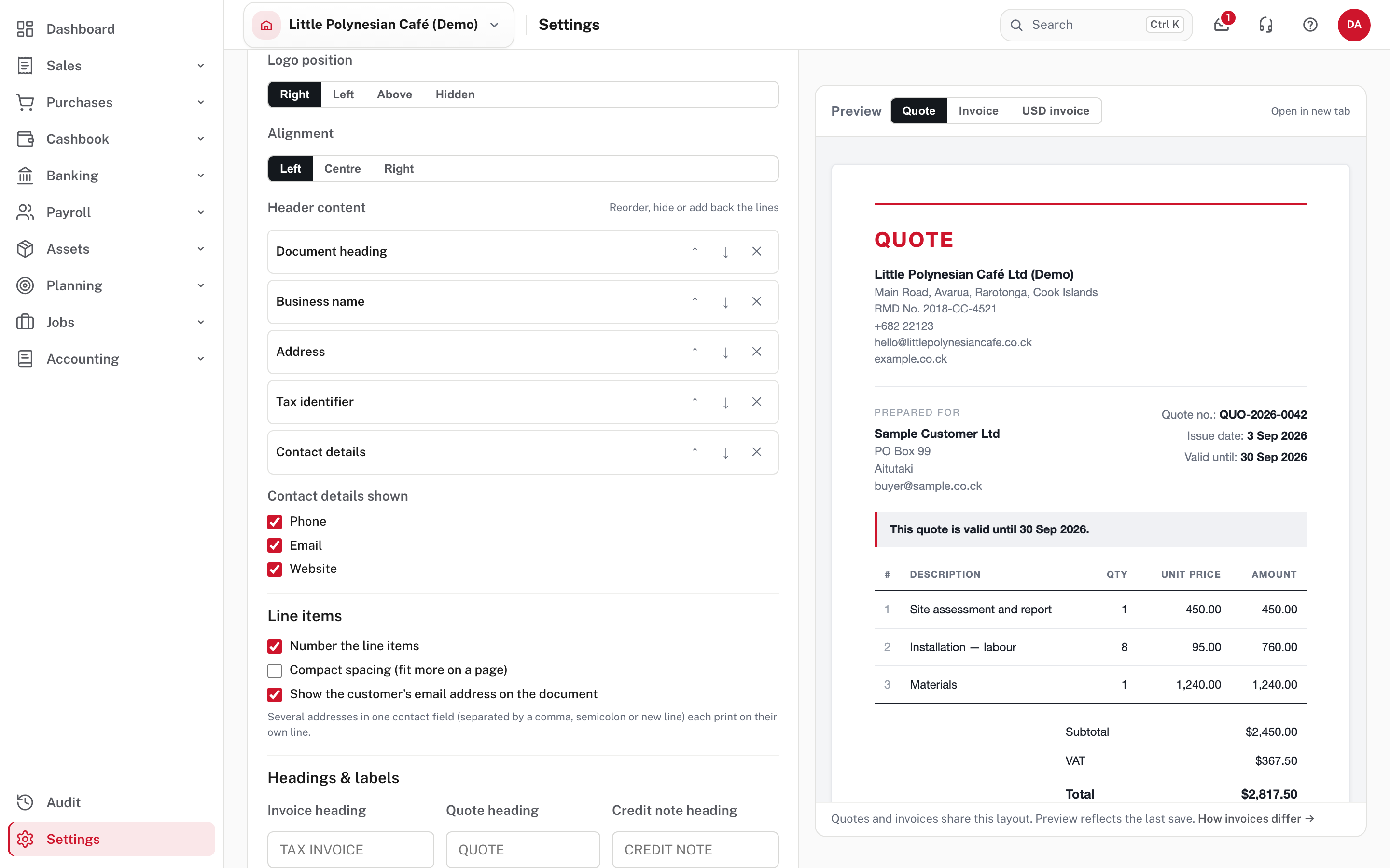 Header: where the logo goes, alignment, and the lines of the header