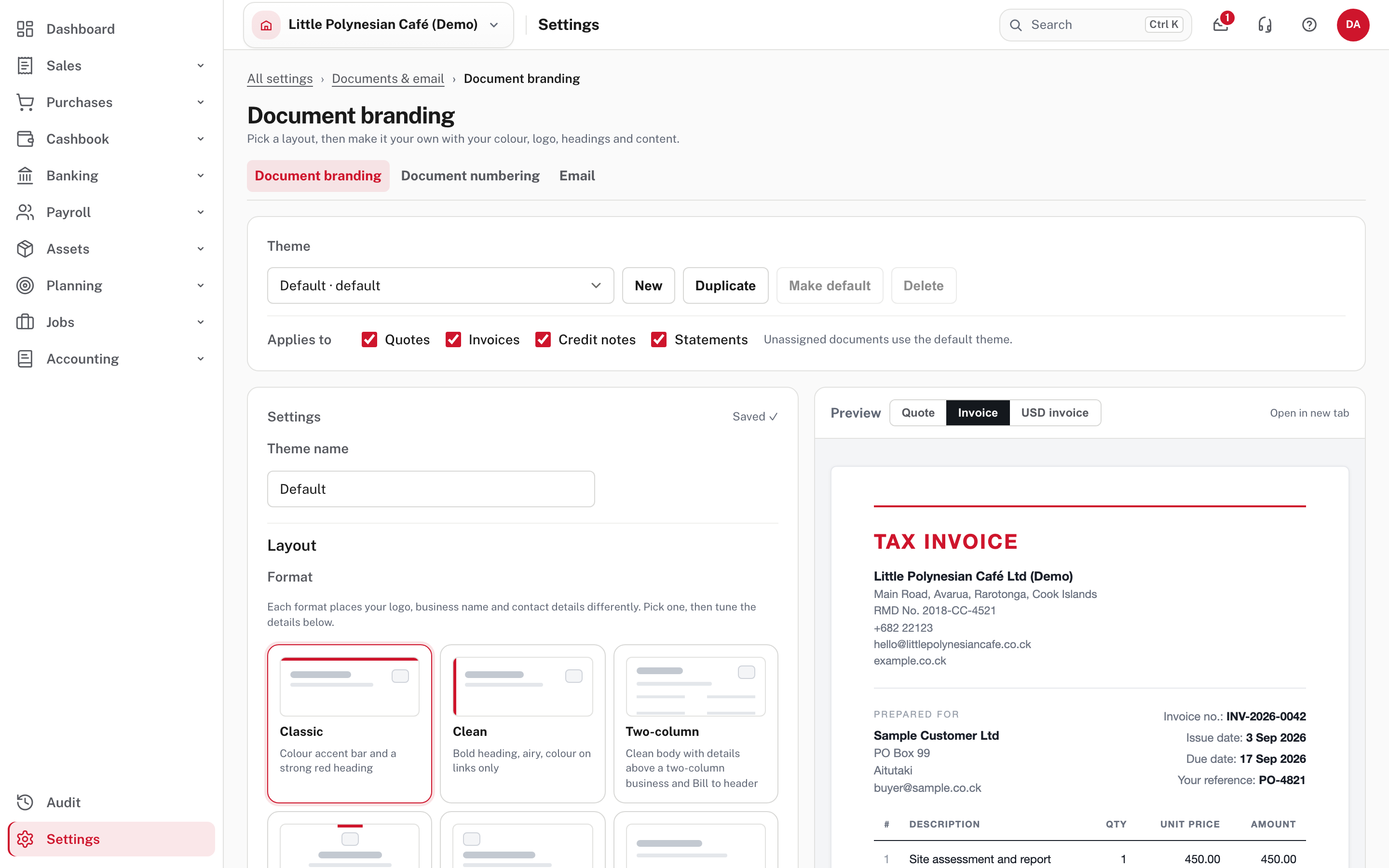 An invoice in the preview: tax invoice heading, business details, customer and line items