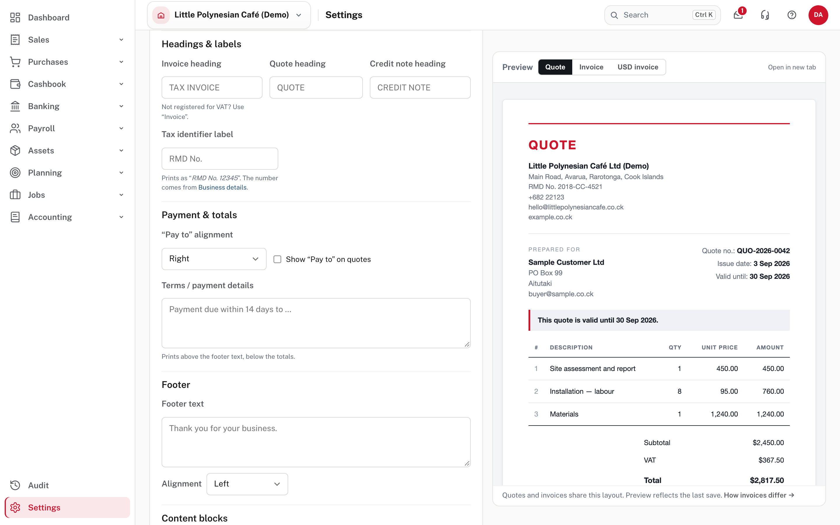 Headings and labels, payment details and totals
