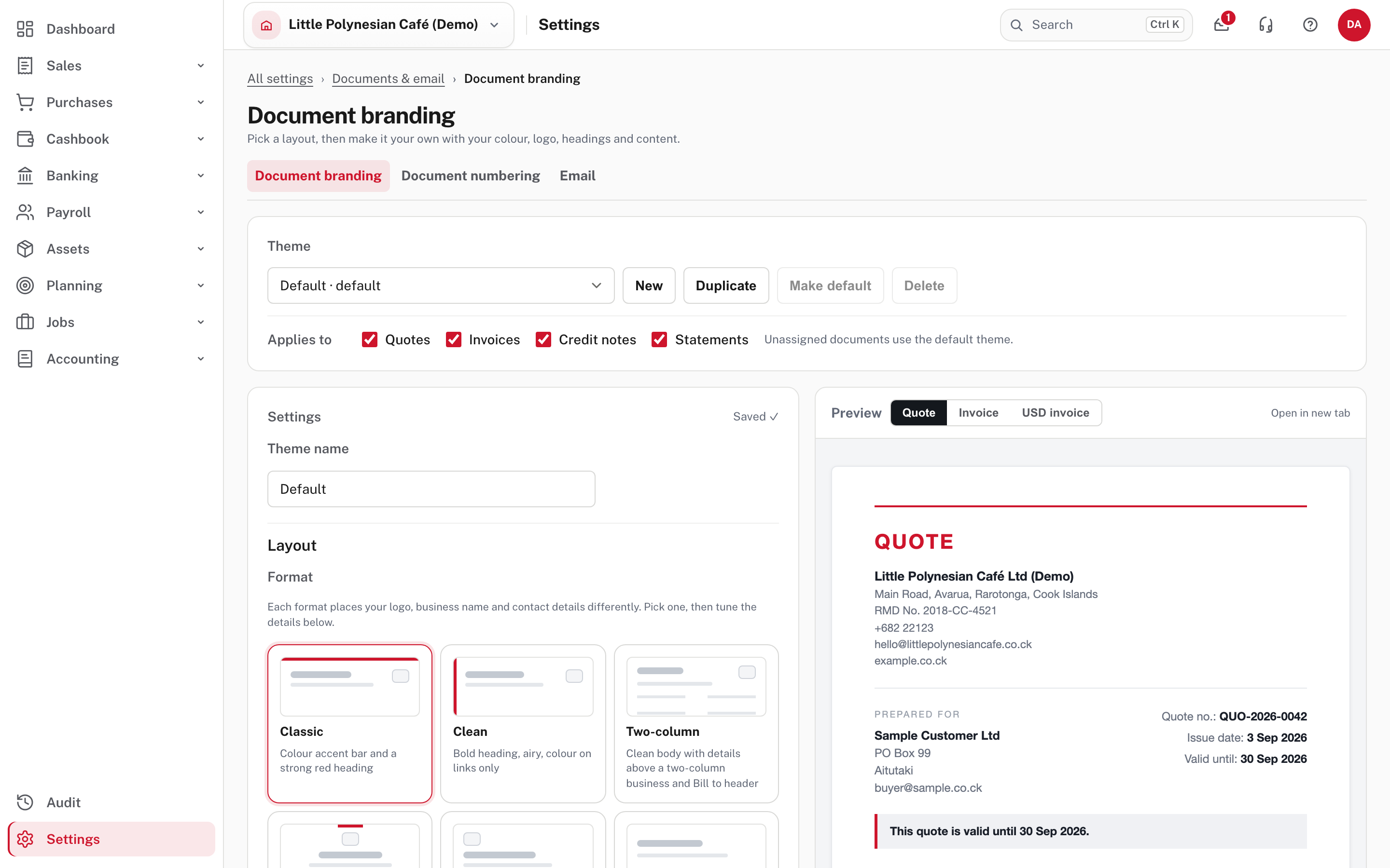 Document branding: theme, what it applies to, layouts and a live preview