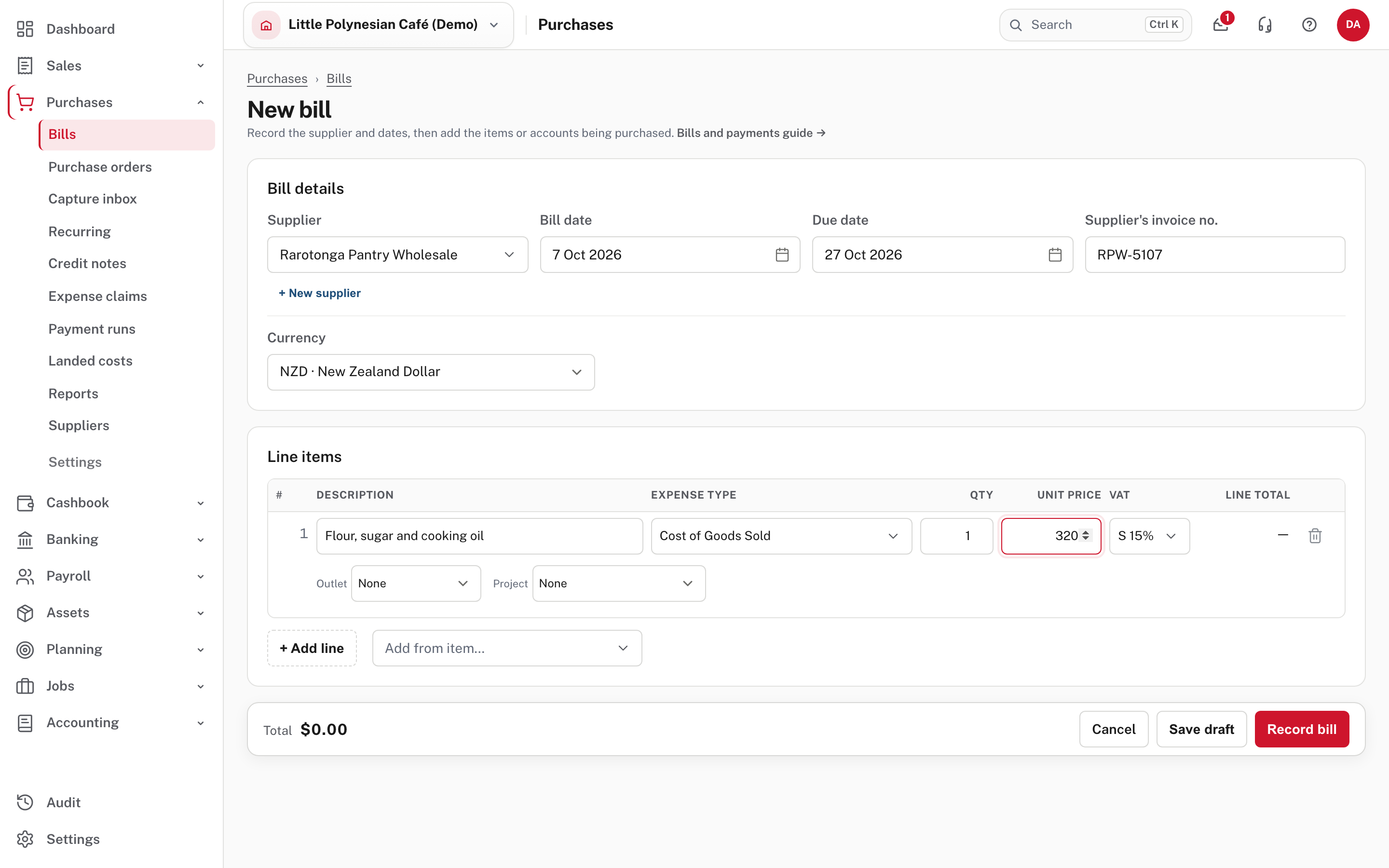 The new bill: supplier, dates, their invoice number and the lines