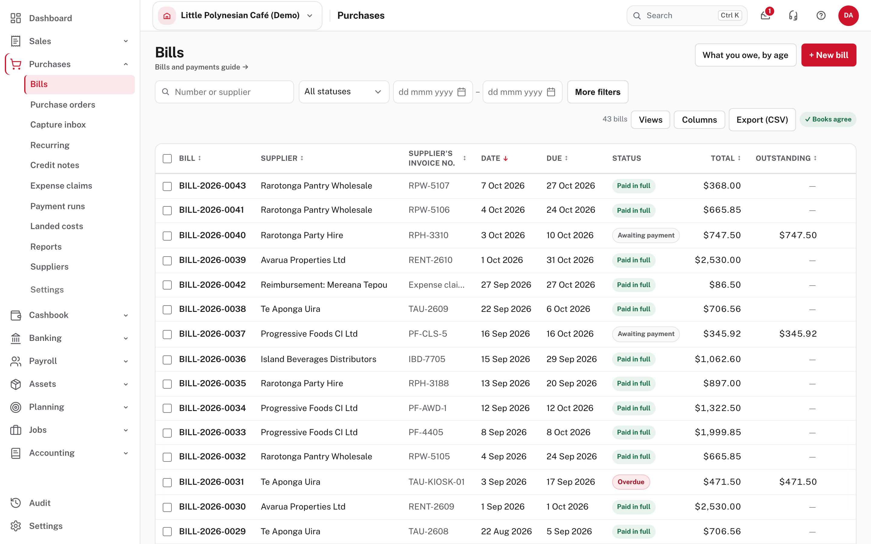 The bill list: status filters, search and every bill with what is still owing