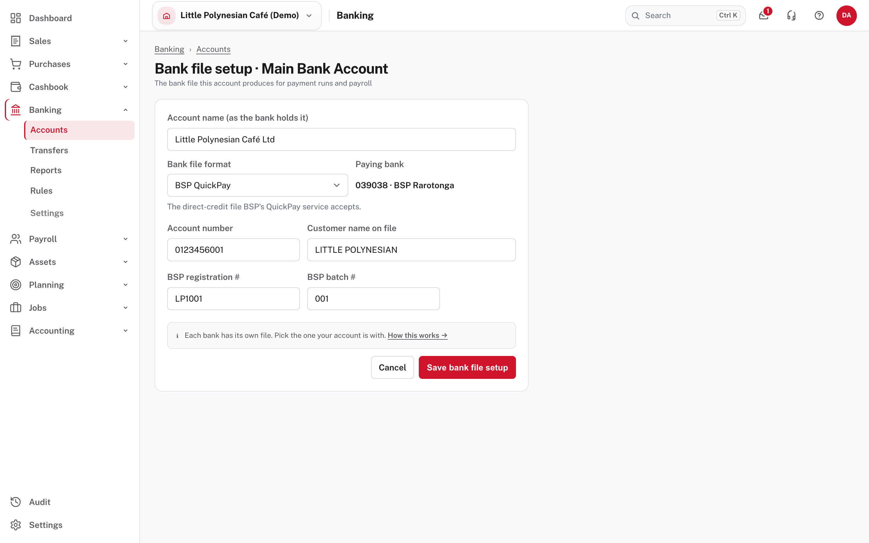 Bank file setup: the format, the account and the codes the bank issued