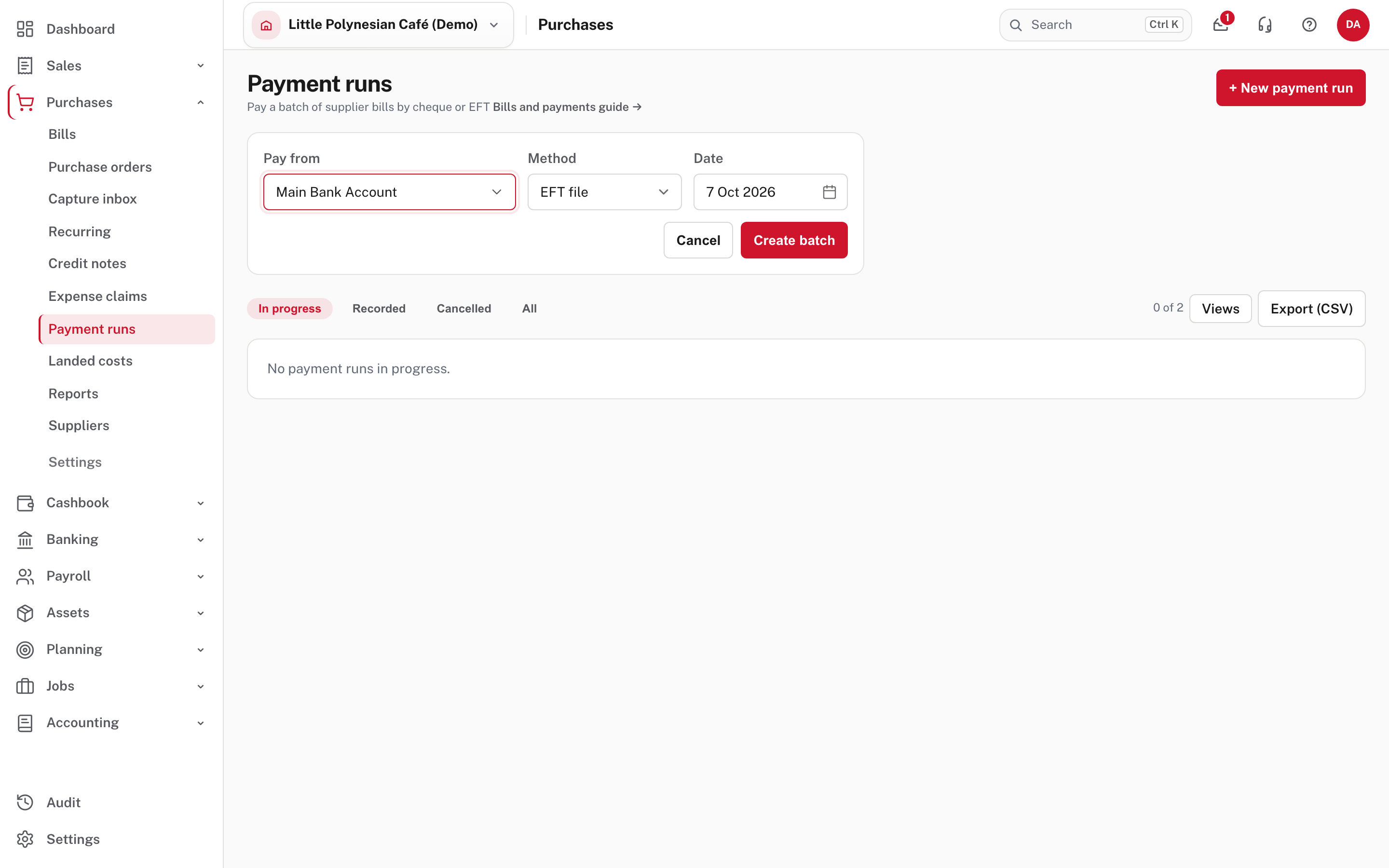 A new payment run: the account, the method and the date