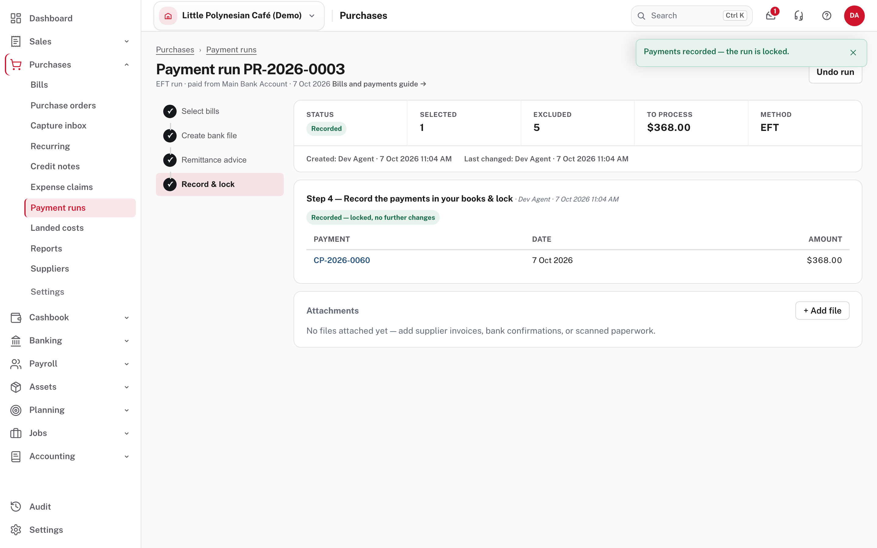 A recorded run: locked, with the payments it created