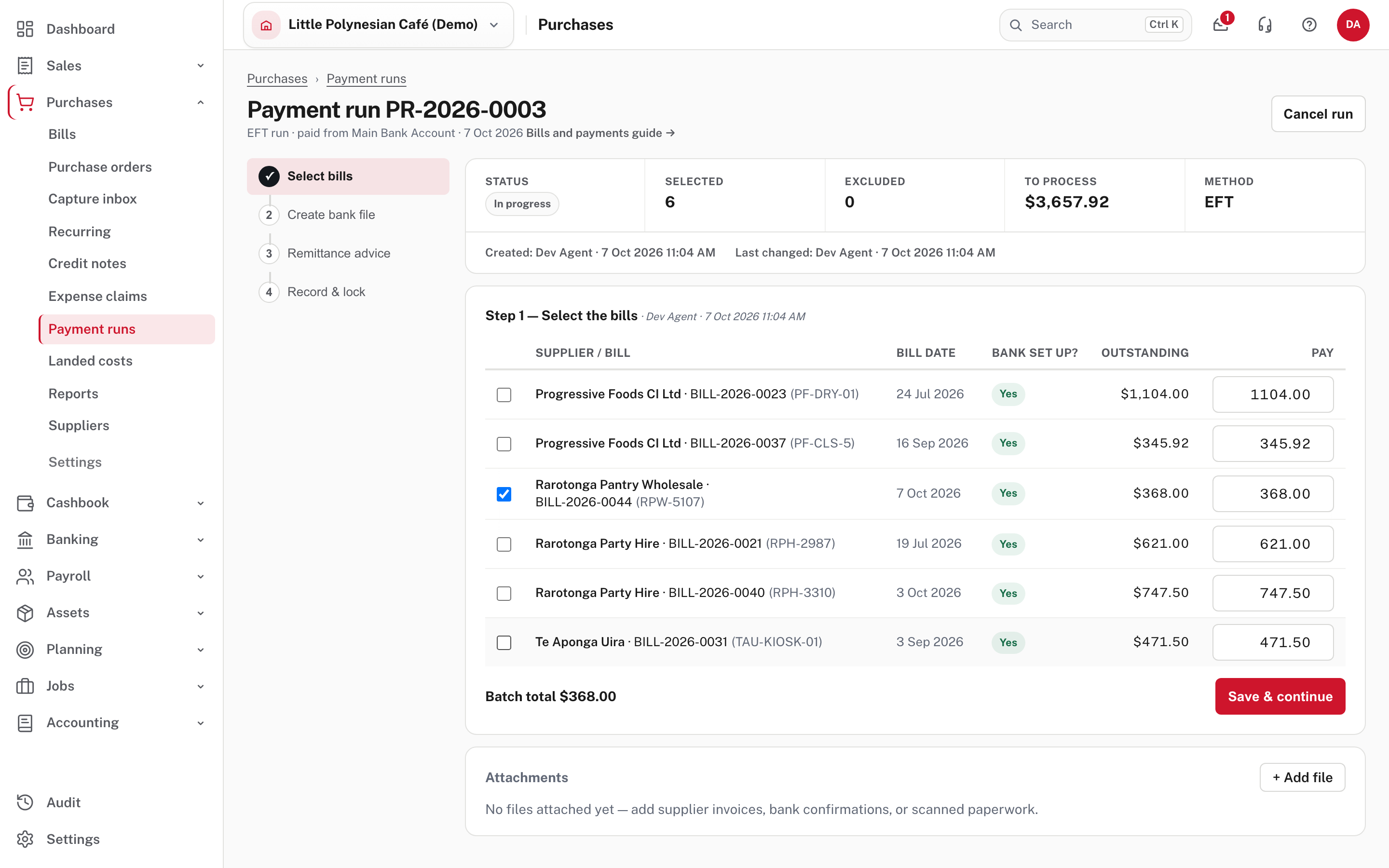 Step 1 of the run: choose which bills to pay and how much of each