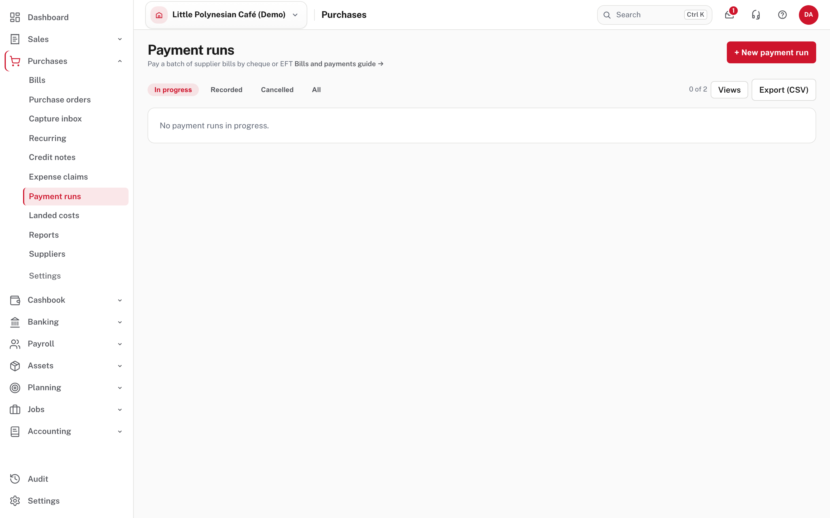 Payment runs: runs in progress, recorded, cancelled