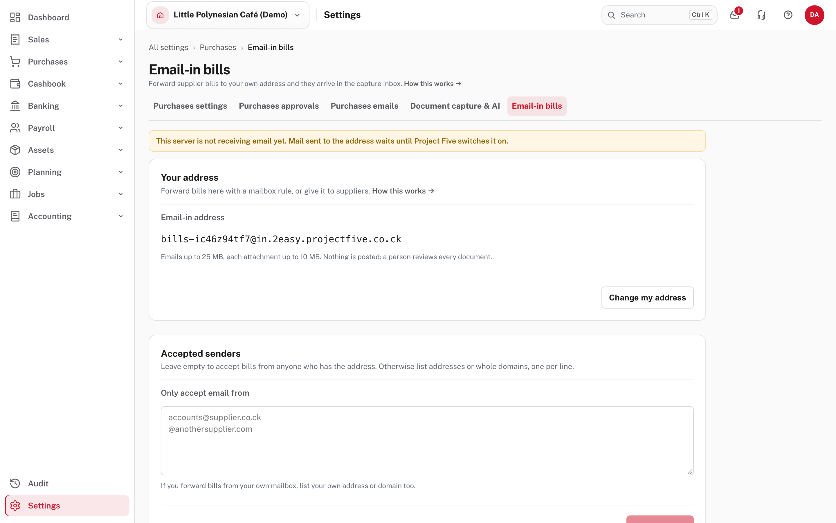 Email-in bills: your company's own address, accepted senders and the email log