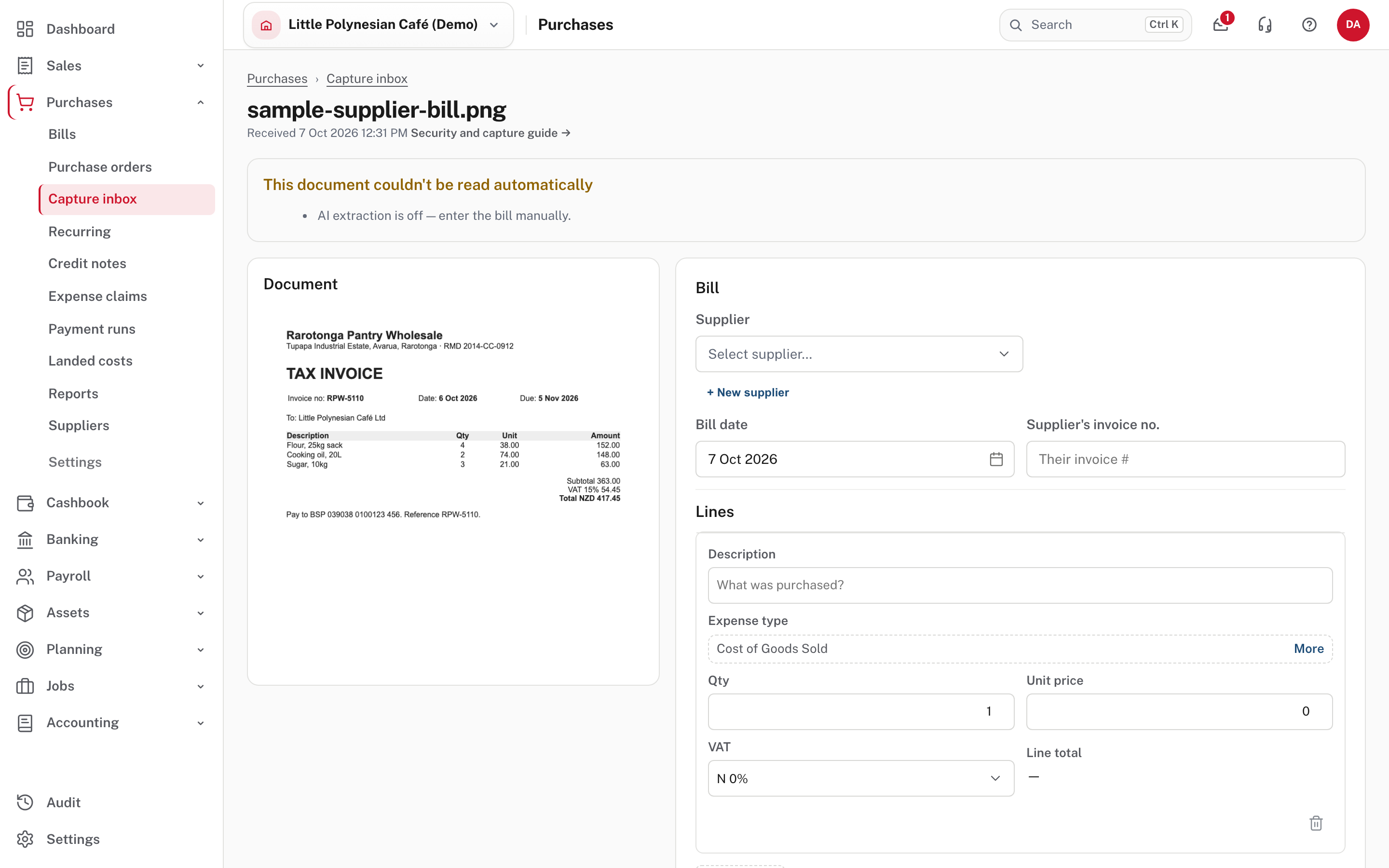 The review page: the document on the left, the bill on the right