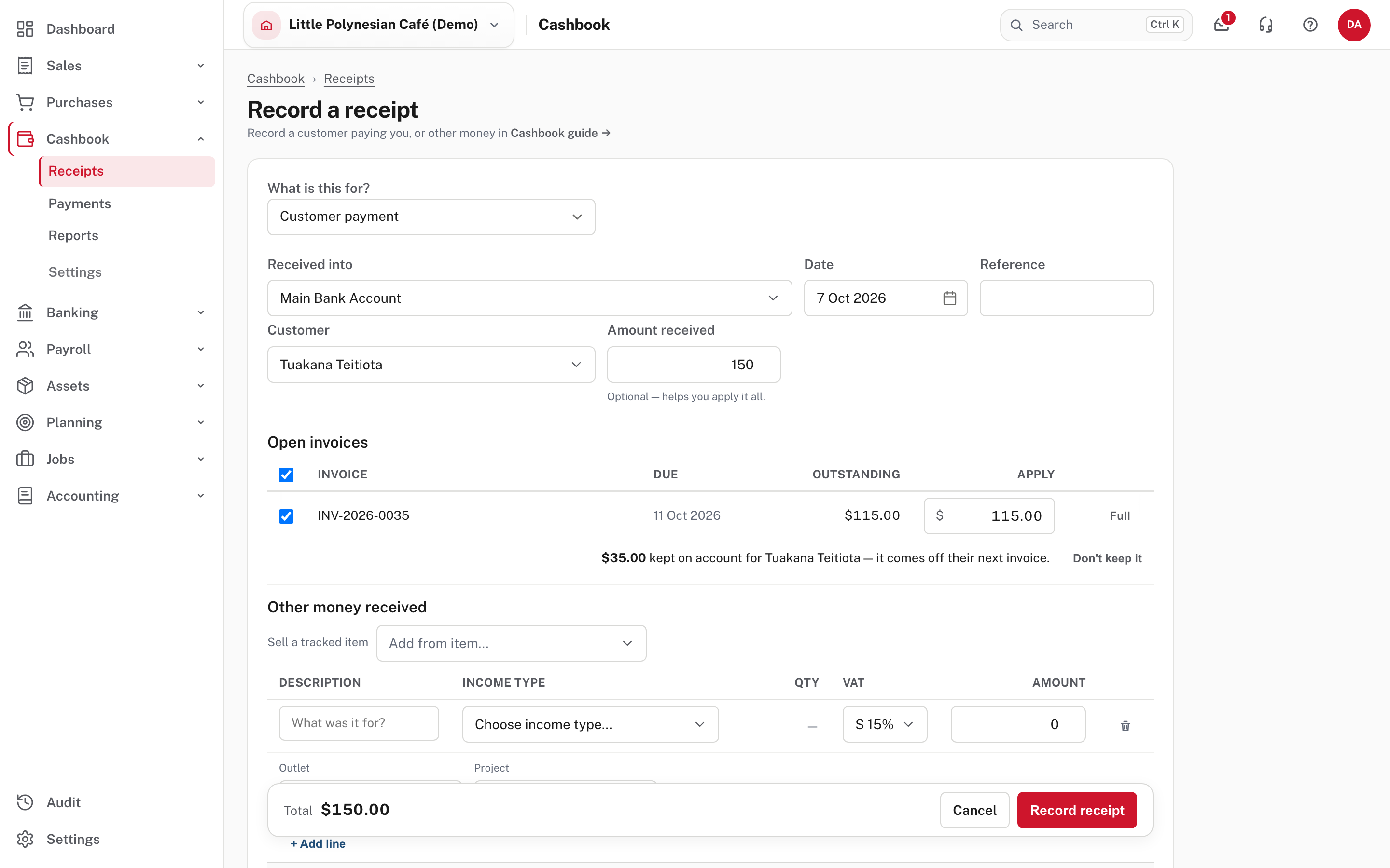 Kept on account: it comes off the customer's next invoice