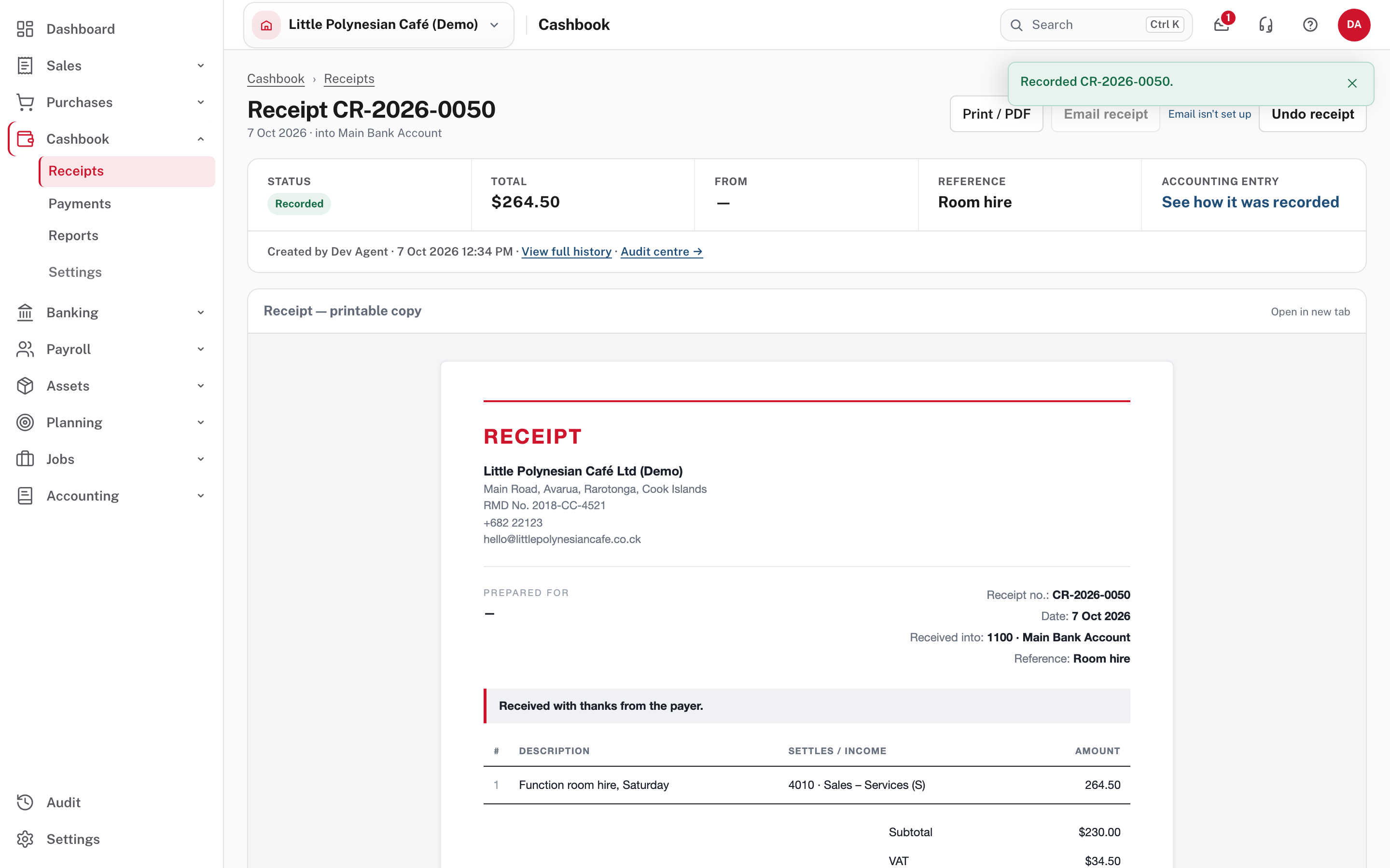 The recorded receipt: status Recorded, its total, and a printable copy