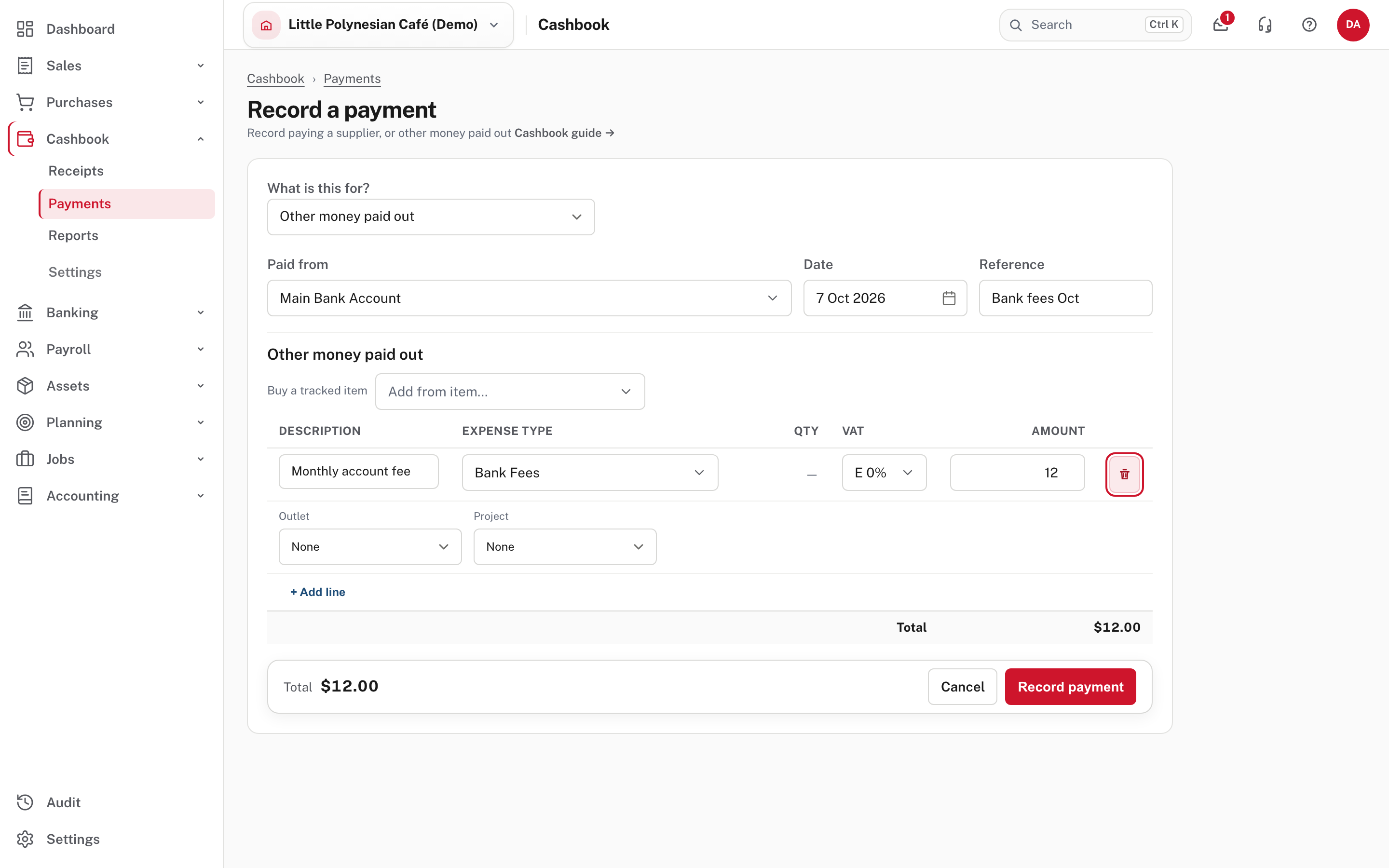 Other money paid out: the account, a reference and the expense lines