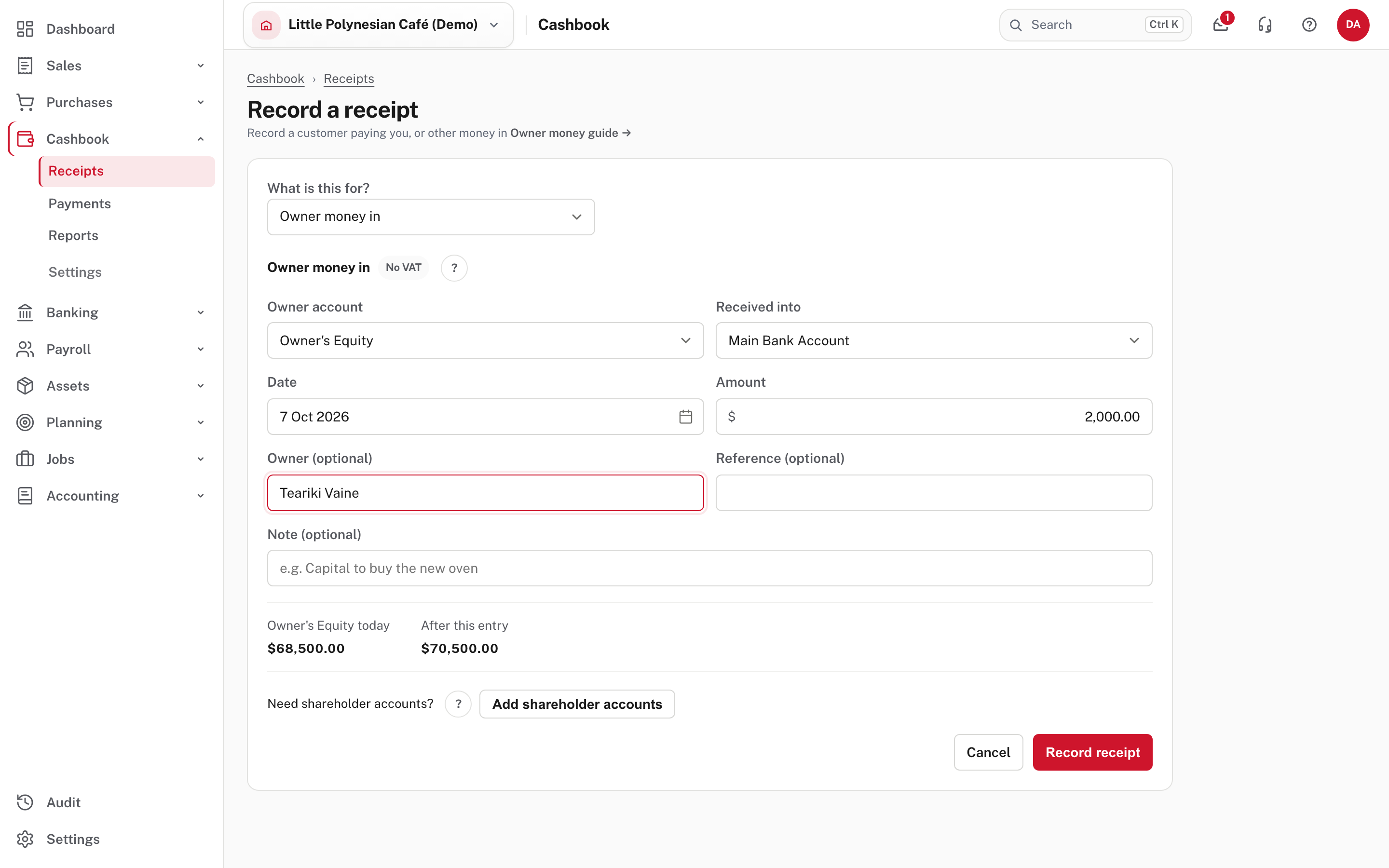 Owner money in: the owner account, the bank account, the amount and a preview of the balance