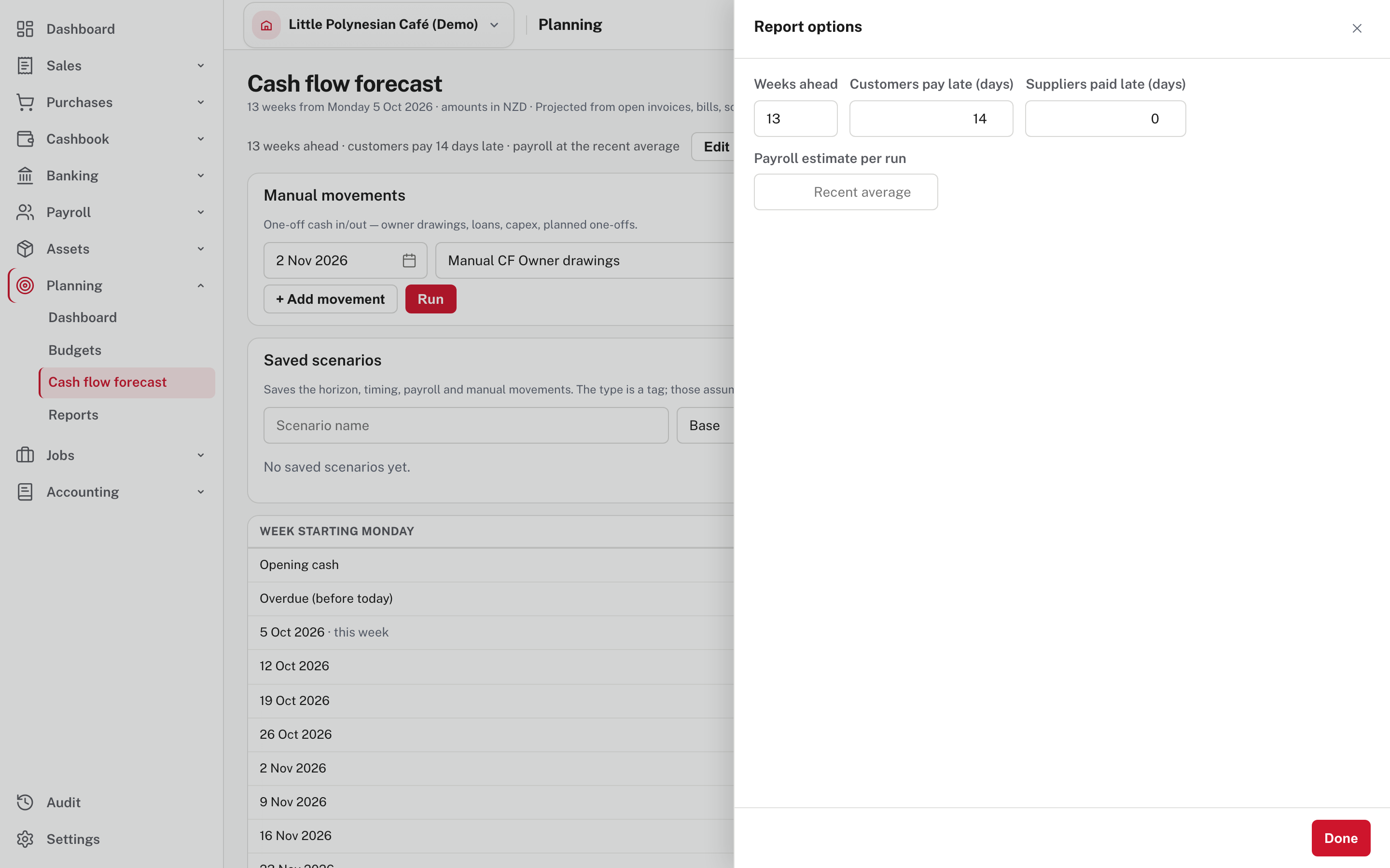 The report options: weeks ahead, customers pay late, suppliers paid late and the payroll estimate