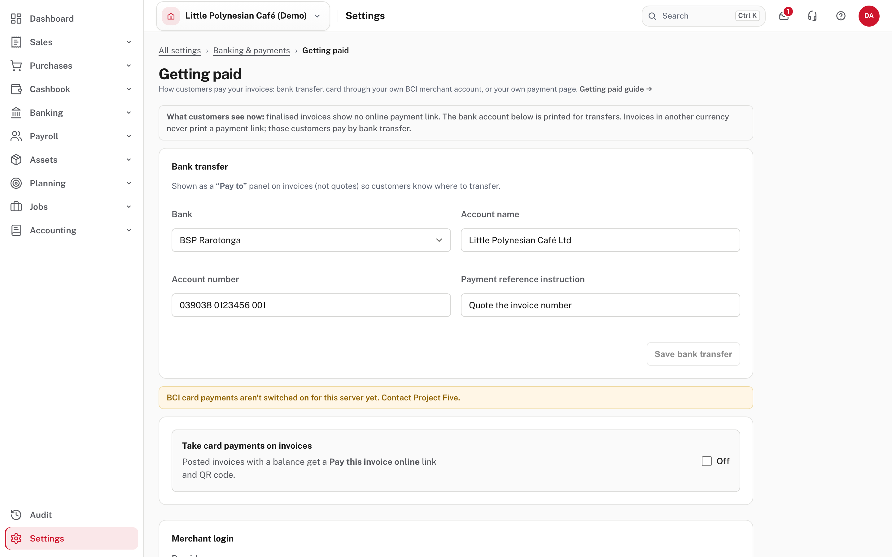 Getting paid: bank transfer details, card payments through BCI, your own payment page