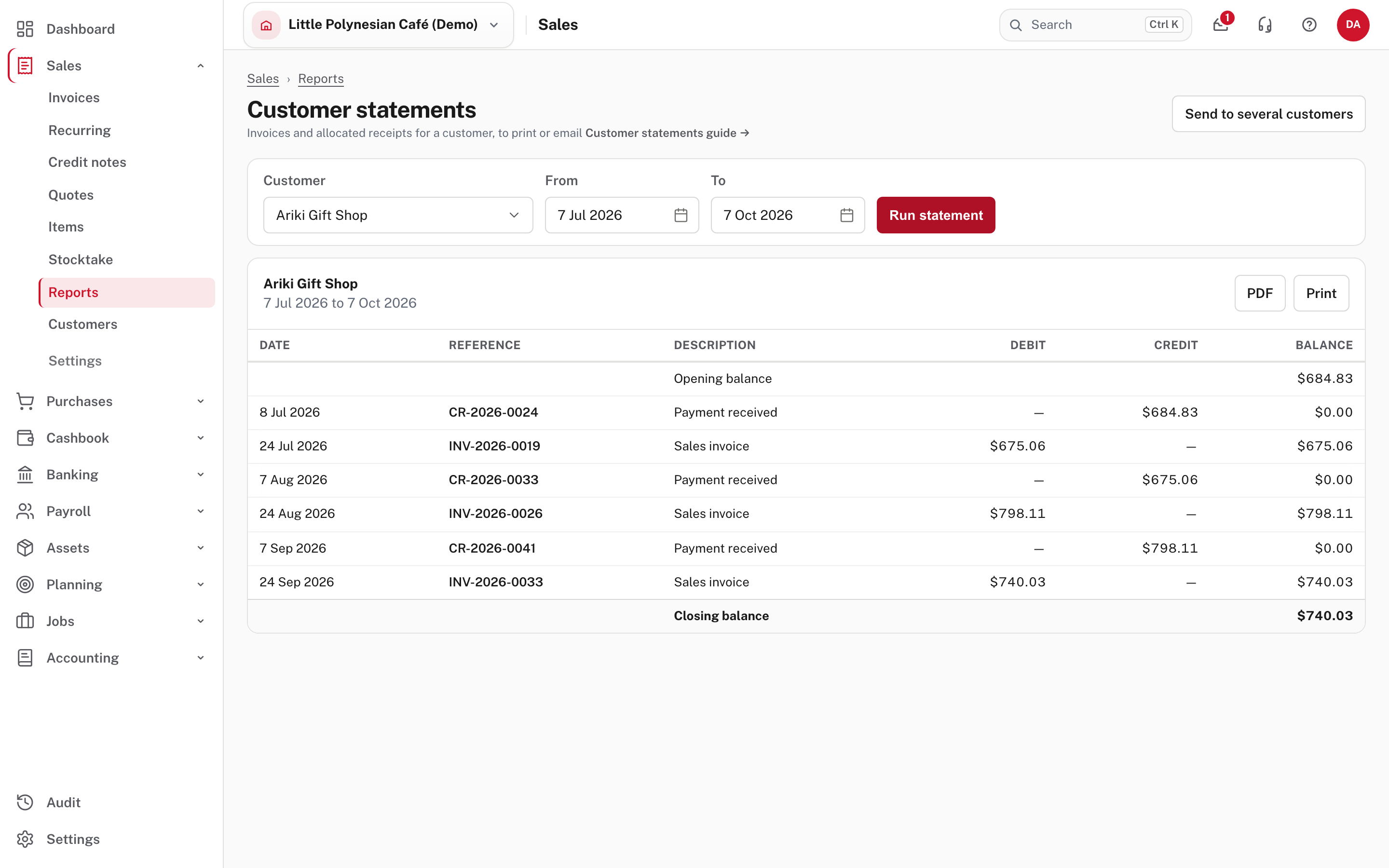 A customer statement: opening balance, every movement with a running balance, and the closing balance