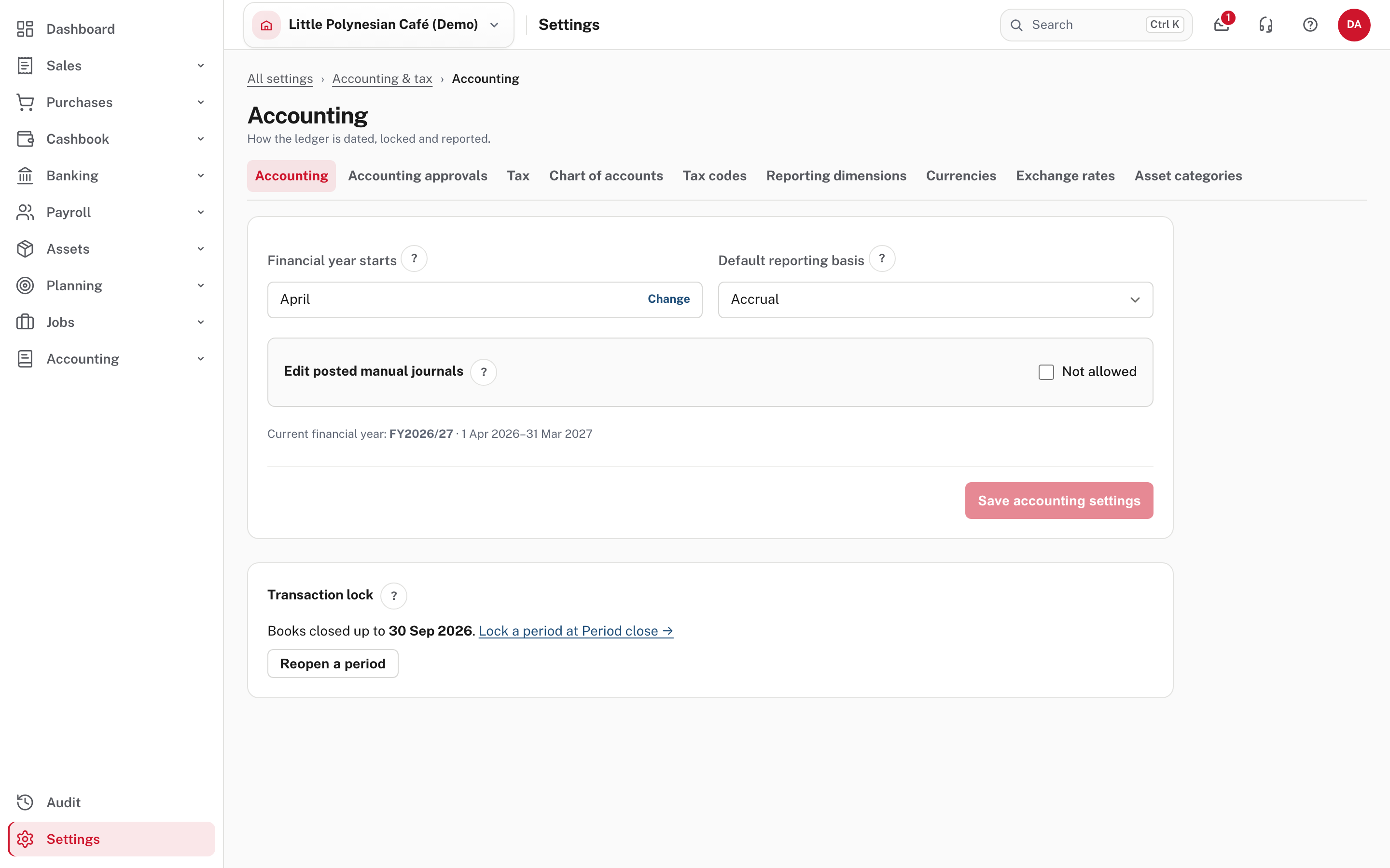 The transaction lock: books closed up to 30 Sep 2026, with Reopen a period