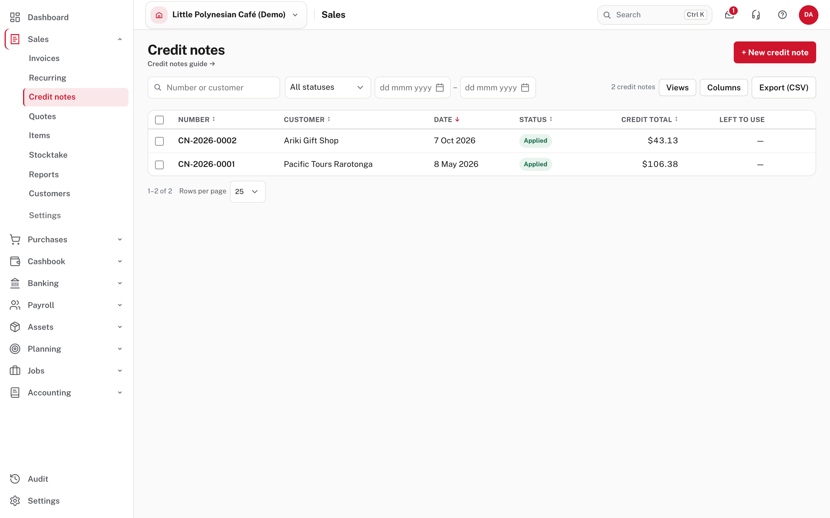 Credit notes: number, customer, date, status, total and what is left to use