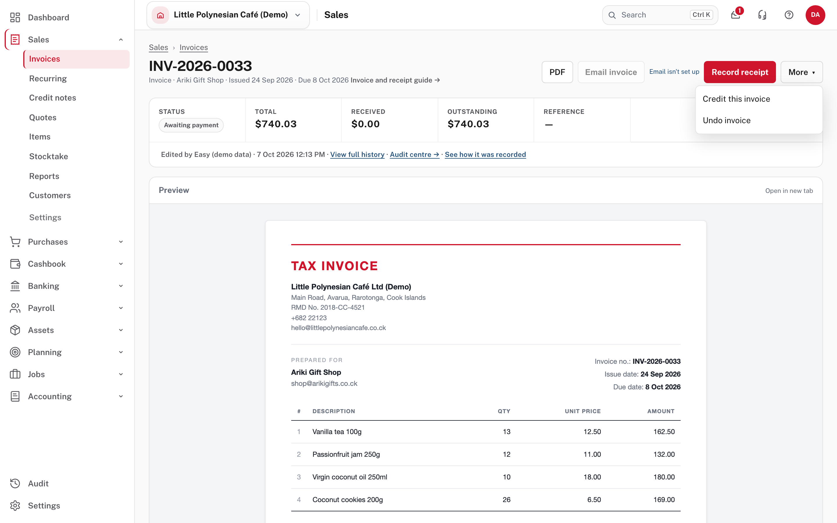 The More menu: Credit this invoice, Undo invoice