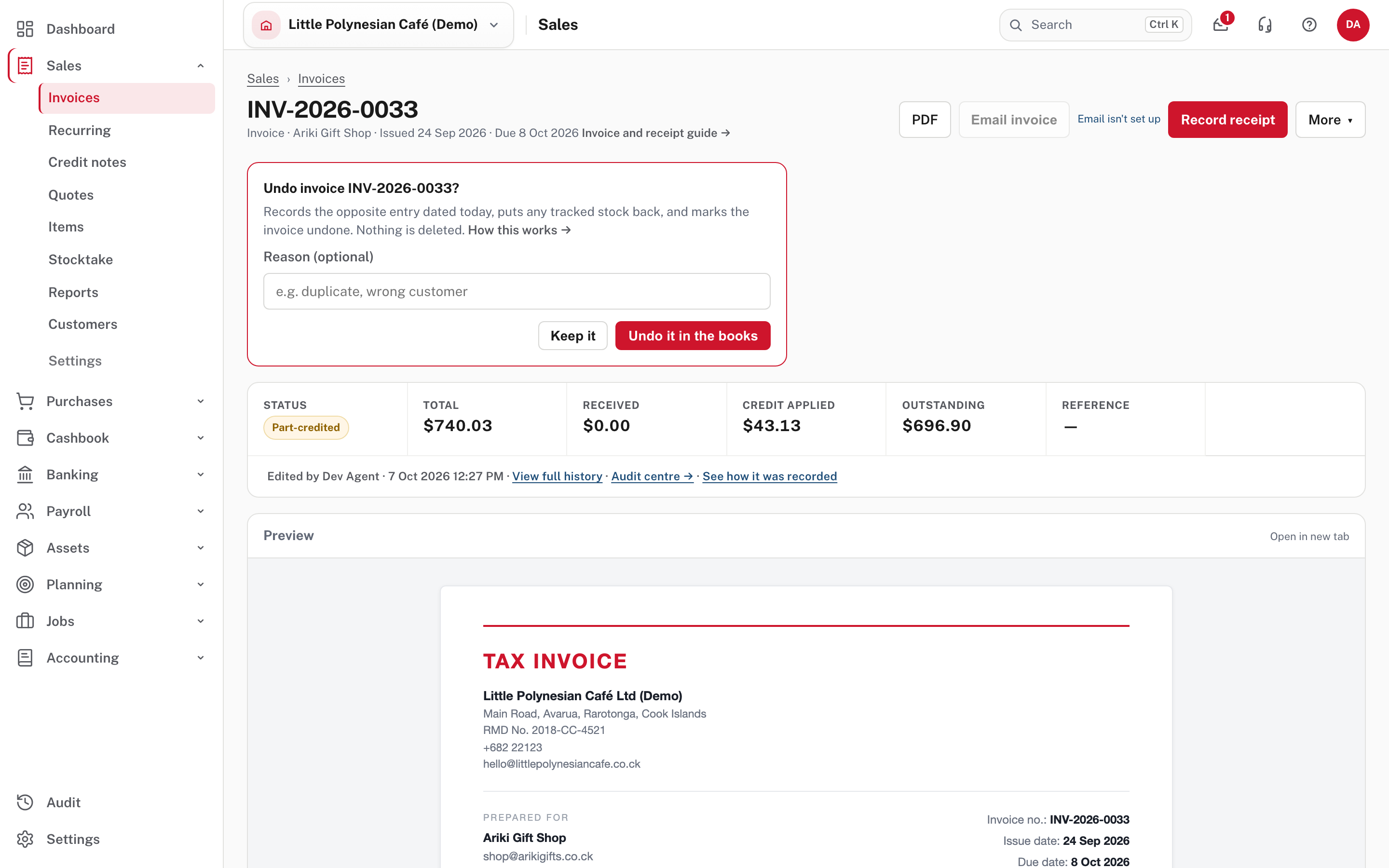 Undo invoice: records the opposite entry dated today; nothing is deleted
