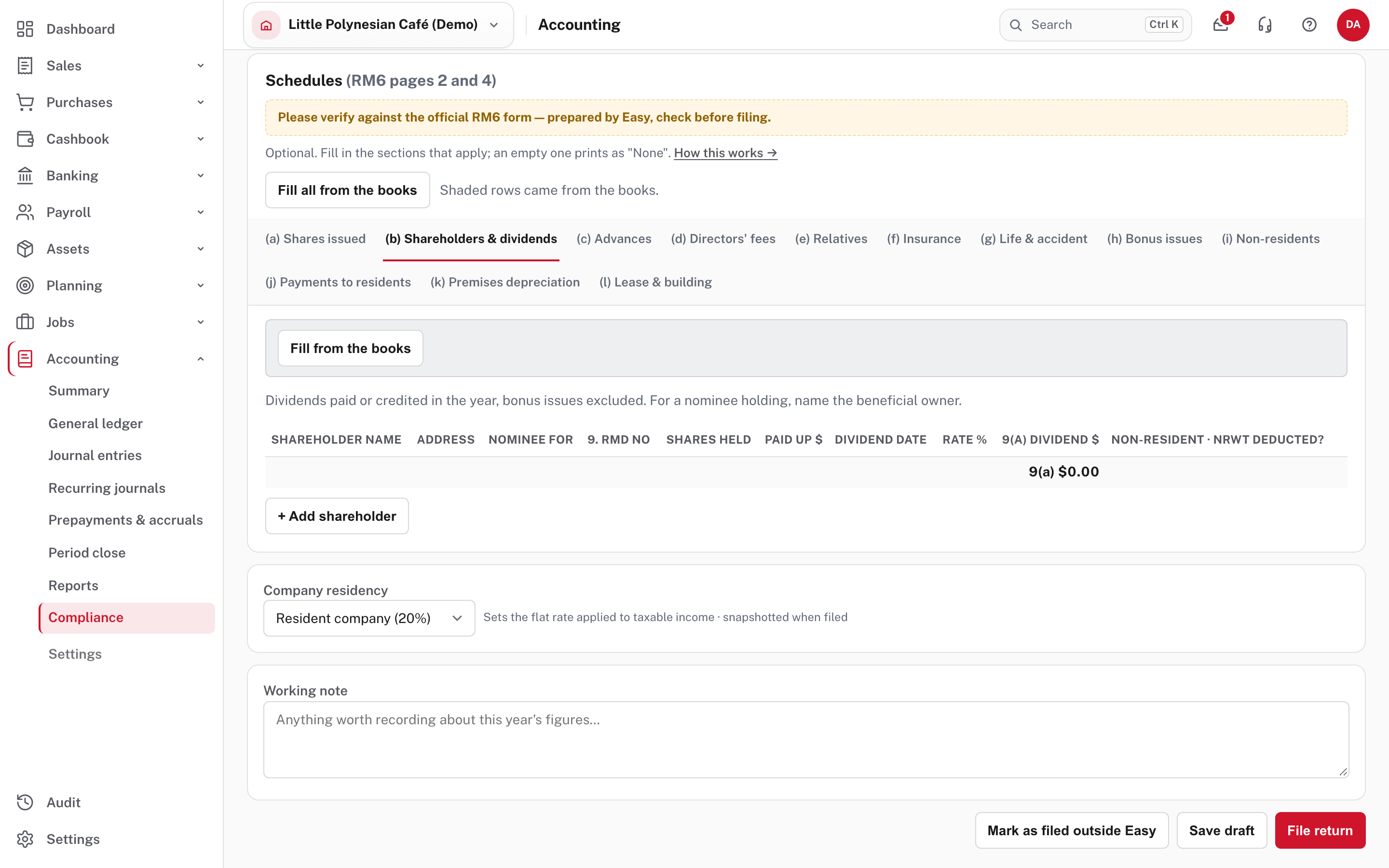 The shareholders tab: dividends from the books, plus Add shareholder for the rest