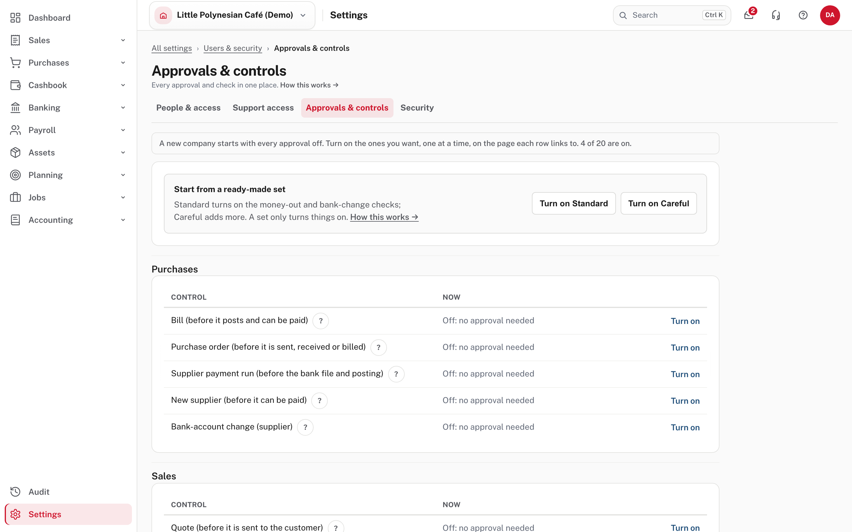 Approvals & controls: every approval and check, whether it is on, and where to change it