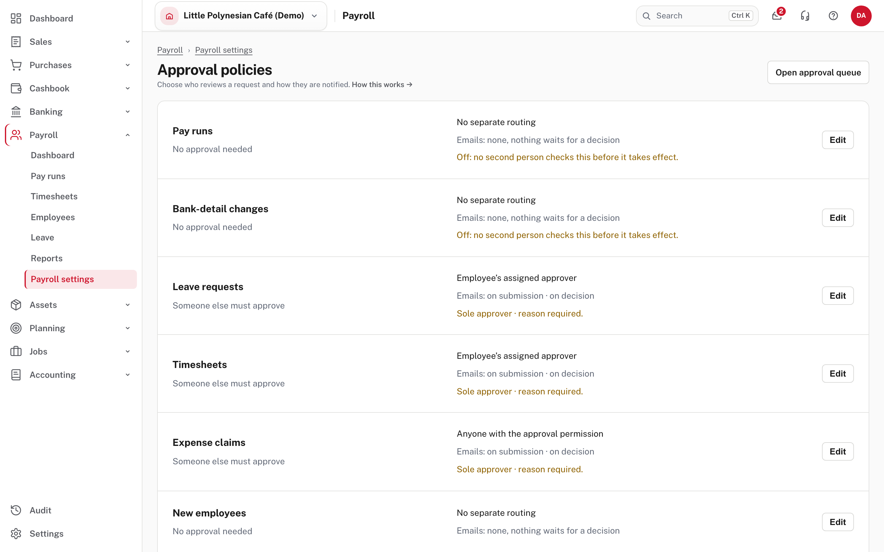 Payroll's approval policies: pay runs, bank changes, leave and the rest
