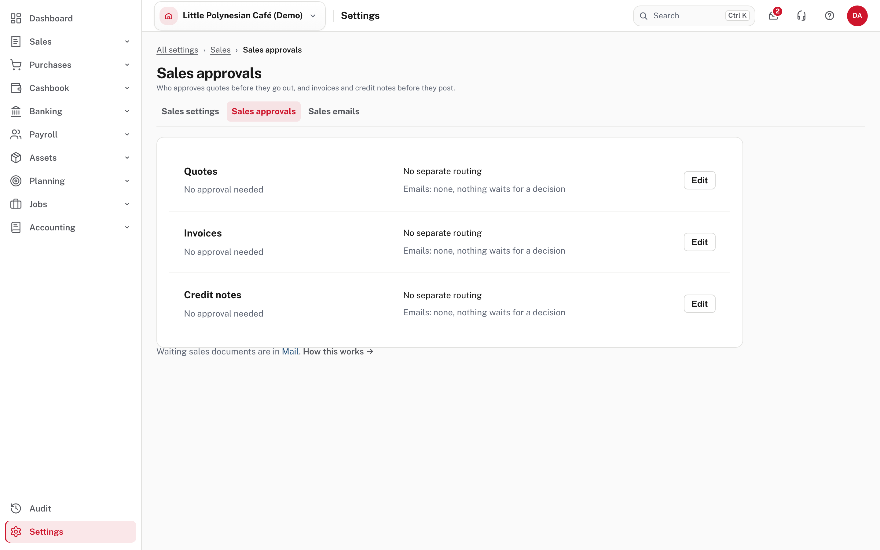 Sales approvals: quotes before they go out, invoices and credit notes before they post