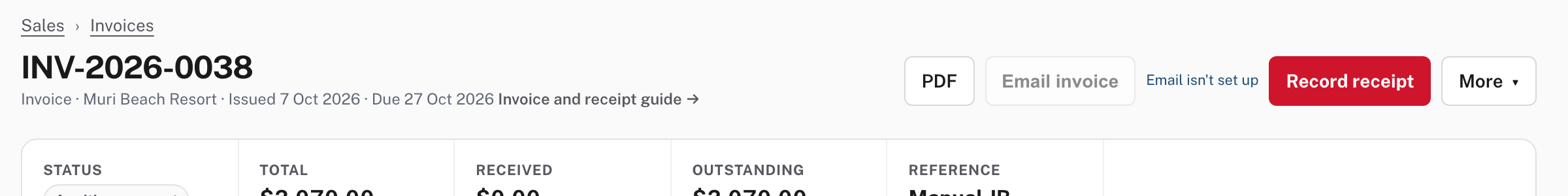 On an invoice the Email button is greyed out, with "Email isn't set up" beside it