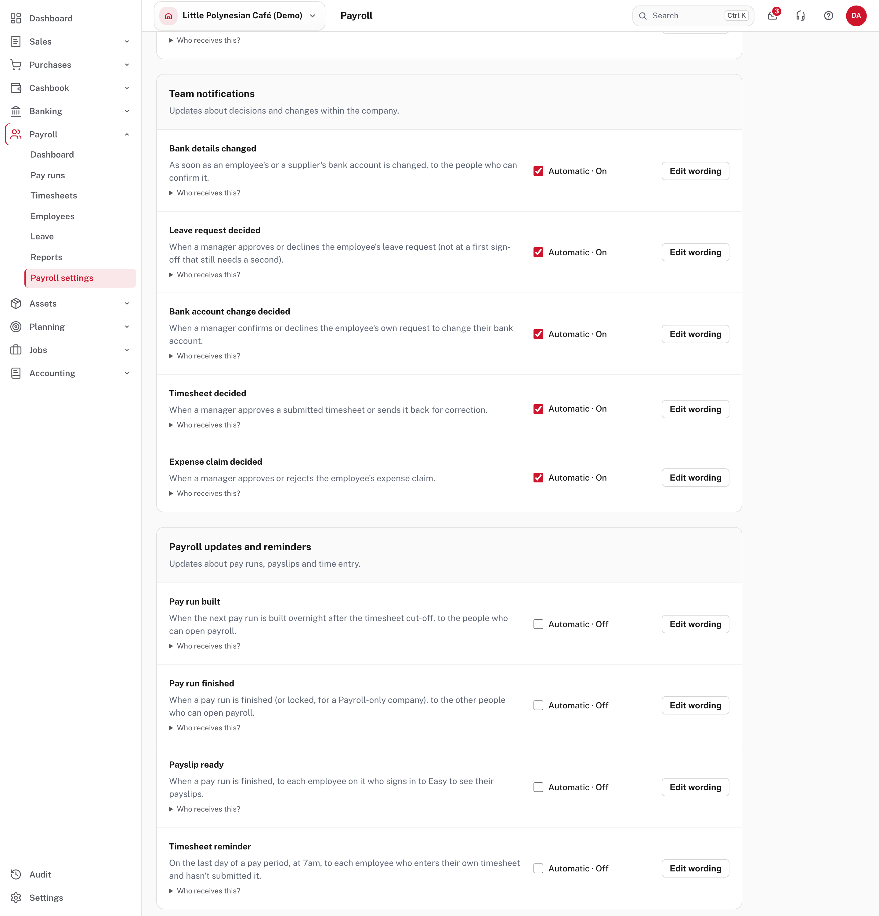 Payroll emails: decisions are on, pay run and payslip emails are off until you switch them on