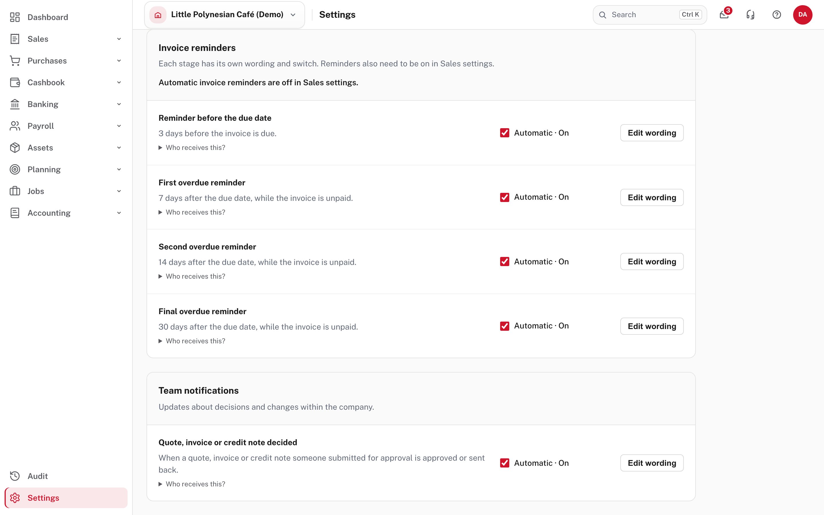 Invoice reminders: four stages, each with its own switch and wording